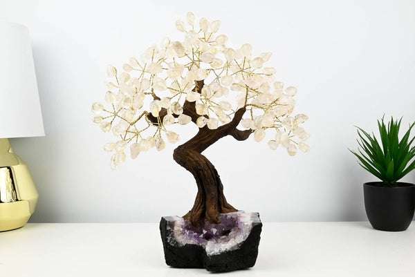 Handmade 38cm Tall Gemstone Tree with Amethyst base and 180 Clear Quartz gems - #TRCLEA-36001