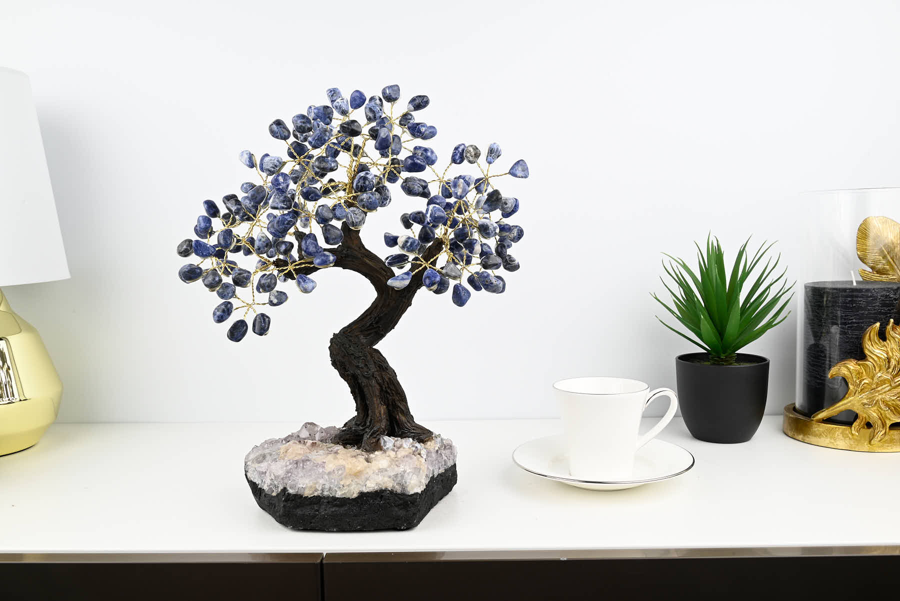 Handmade 35cm Tall Gemstone Tree with Amethyst base and 180 Sodalite gems - #TRSODA-36005
