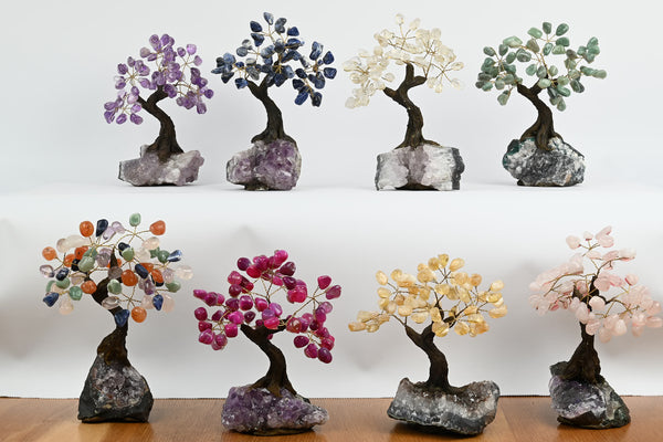 Handmade 19cm Tall Gemstone Tree with Amethyst base and 60 gems