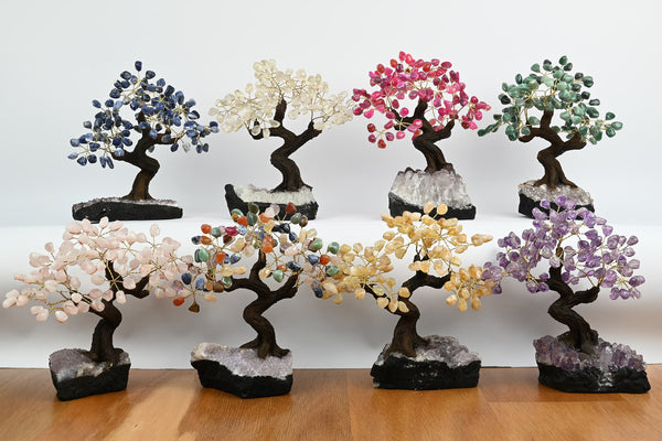 Handmade 25cm Tall Gemstone Tree with Amethyst base and 120 gems