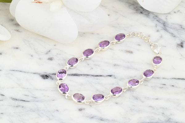 Amethyst and Sterling Silver Link Bracelet  - JWL-50036