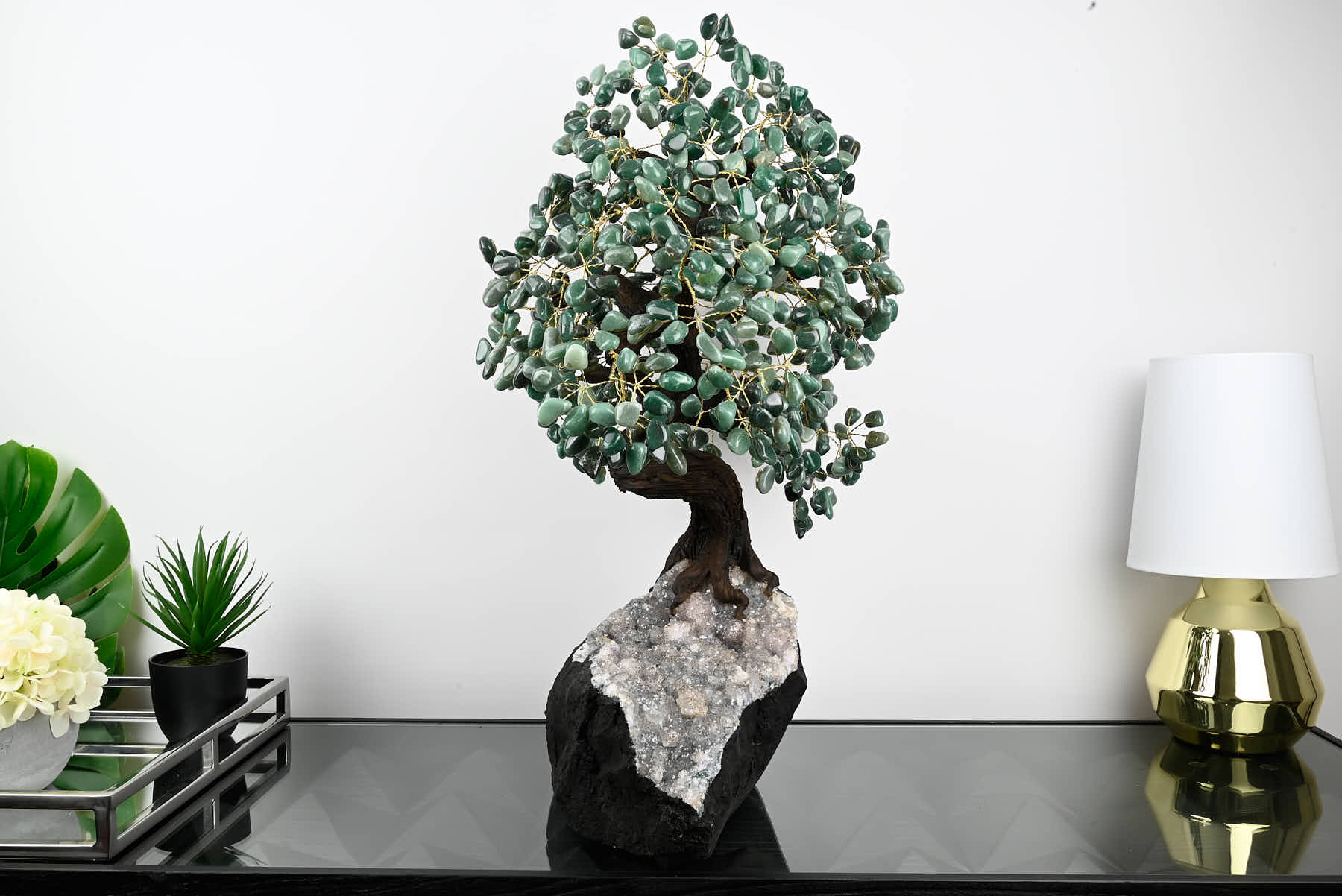 Handmade 71cm Tall Gemstone Tree with Amethyst base and 720 Green Quartz gems - #TRGREE-64001