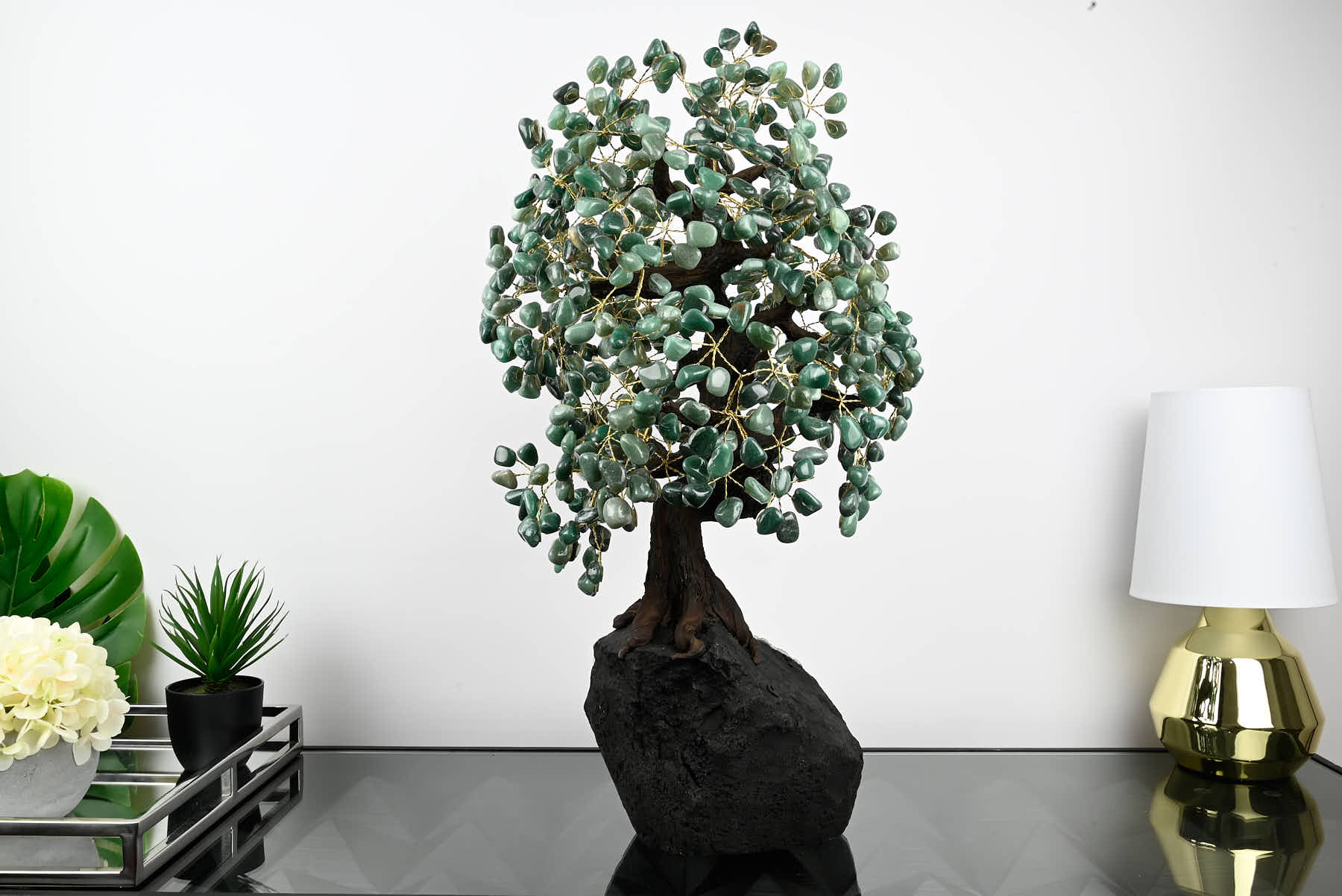 Handmade 71cm Tall Gemstone Tree with Amethyst base and 720 Green Quar ...
