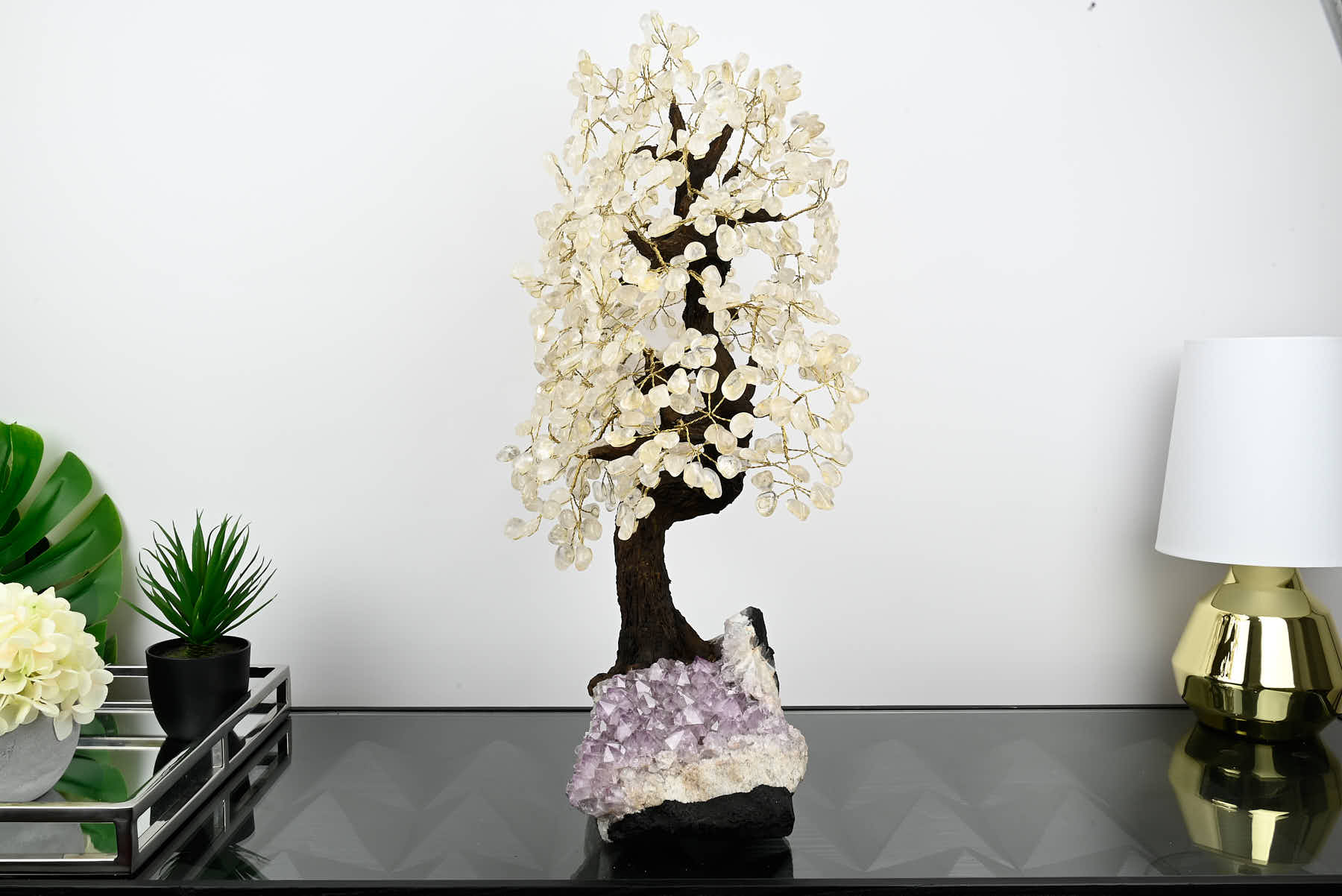 Handmade 67cm Tall Gemstone Tree with Amethyst base and 720 Clear Quartz gems - #TRCLEA-64003