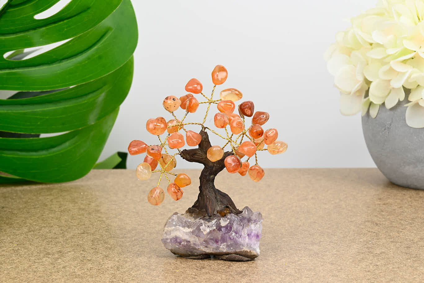 Handmade 13cm Tall Gemstone Tree with Amethyst base and 35 gems