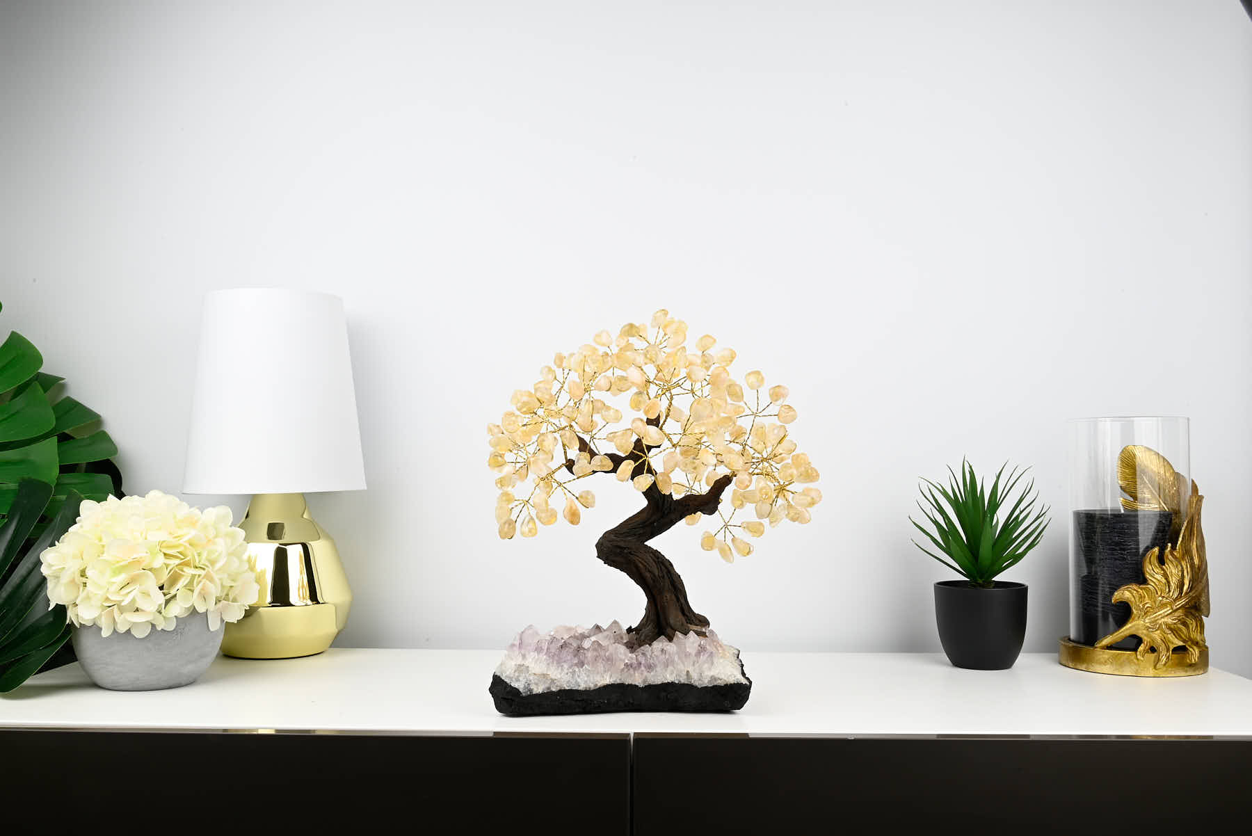 Handmade 36cm Tall Gemstone Tree with Amethyst base and 180 Citrine gems - #TRCITR-36001