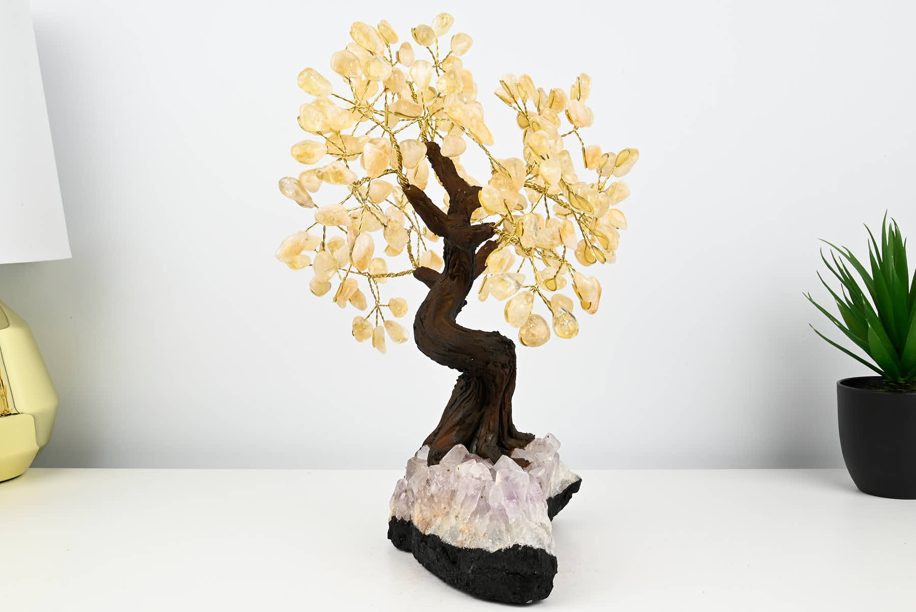 Handmade 36cm Tall Gemstone Tree with Amethyst base and 180 Citrine gems - #TRCITR-36001