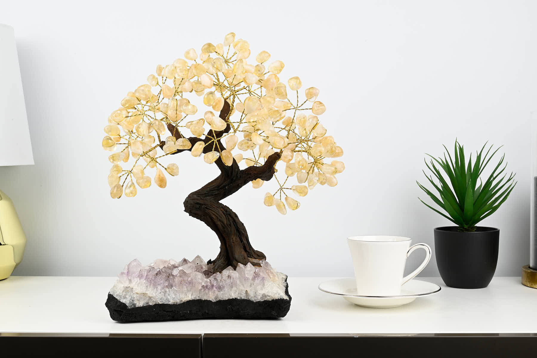 Handmade 36cm Tall Gemstone Tree with Amethyst base and 180 Citrine gems - #TRCITR-36001