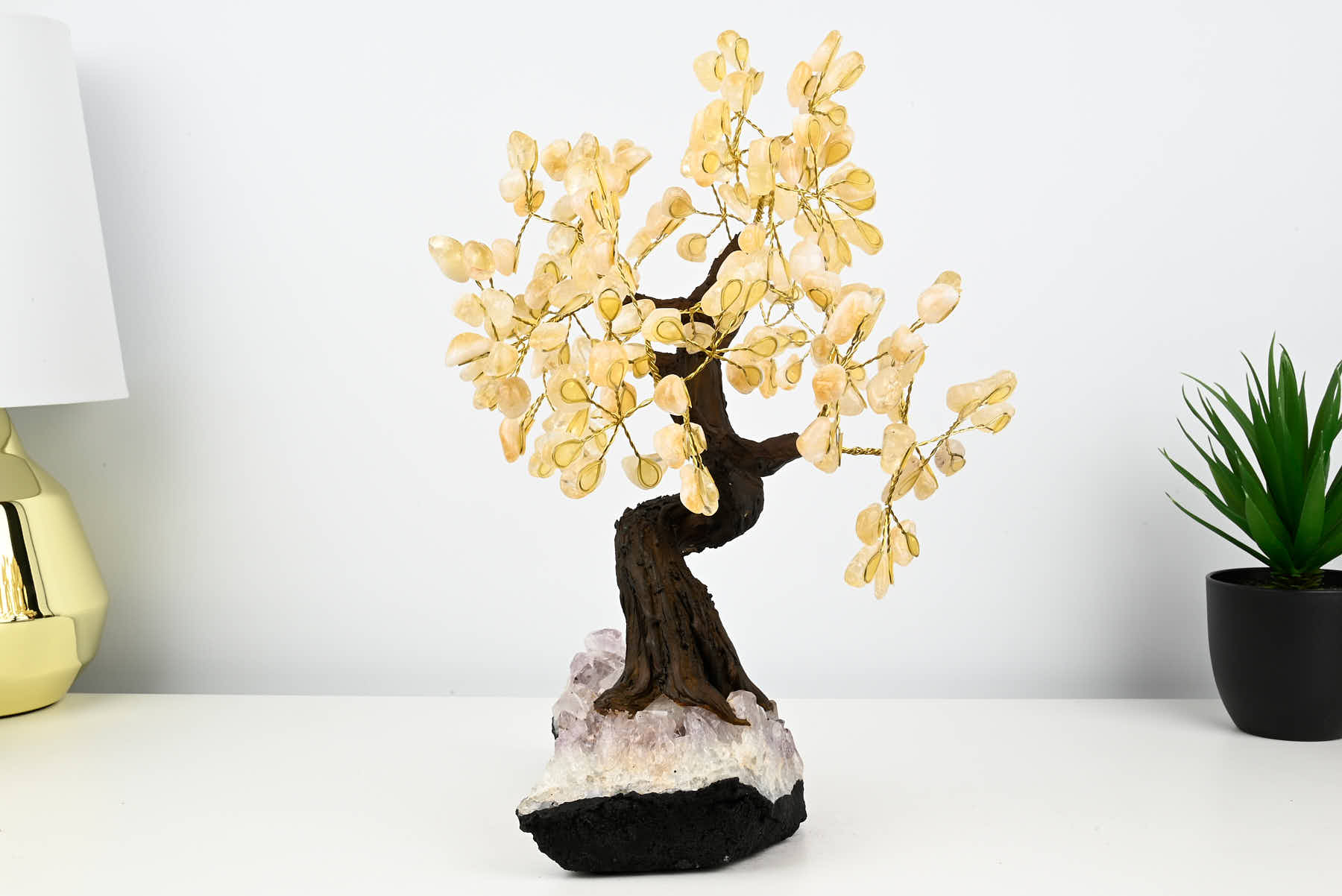 Handmade 36cm Tall Gemstone Tree with Amethyst base and 180 Citrine gems - #TRCITR-36001