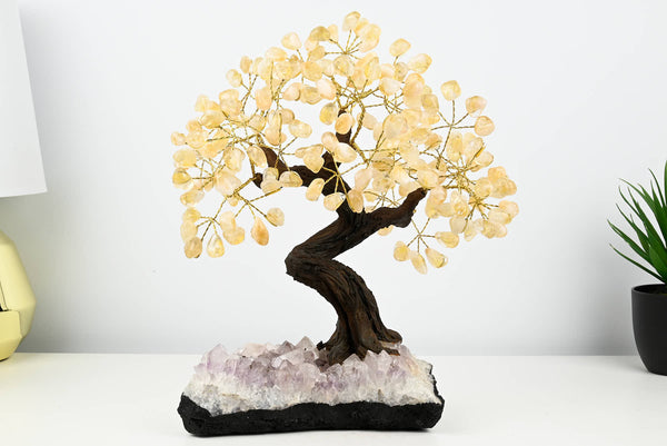 Handmade 36cm Tall Gemstone Tree with Amethyst base and 180 Citrine gems - #TRCITR-36001