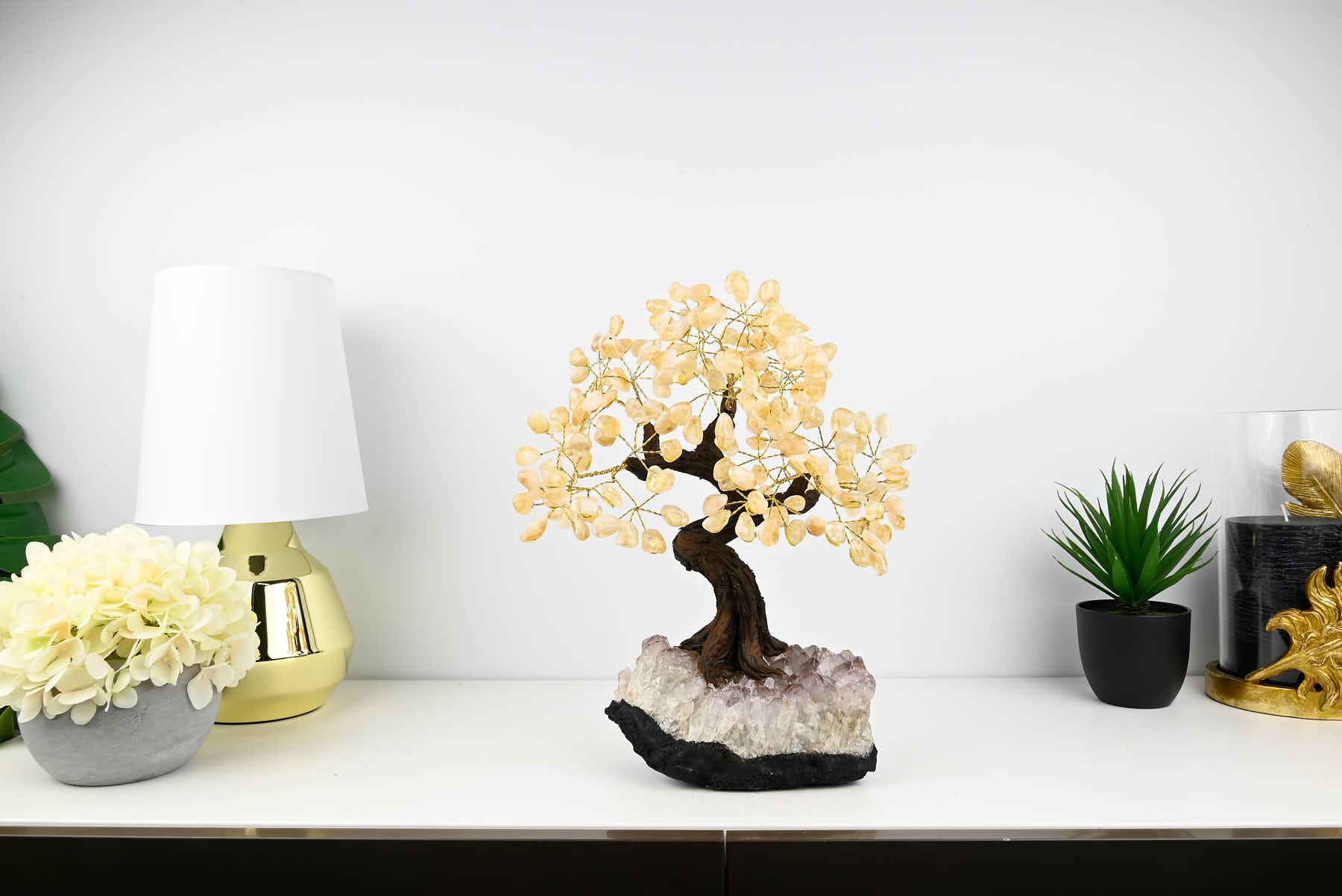 Handmade 37cm Tall Gemstone Tree with Amethyst base and 180 Citrine gems - #TRCITR-36002