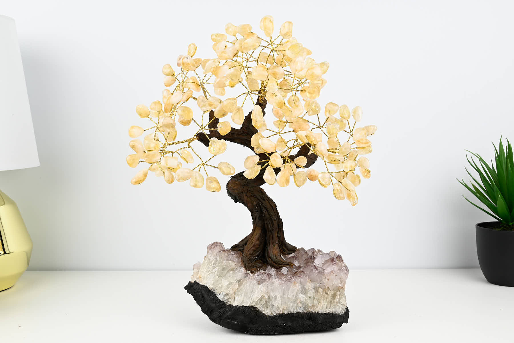 Handmade 37cm Tall Gemstone Tree with Amethyst base and 180 Citrine gems - #TRCITR-36002