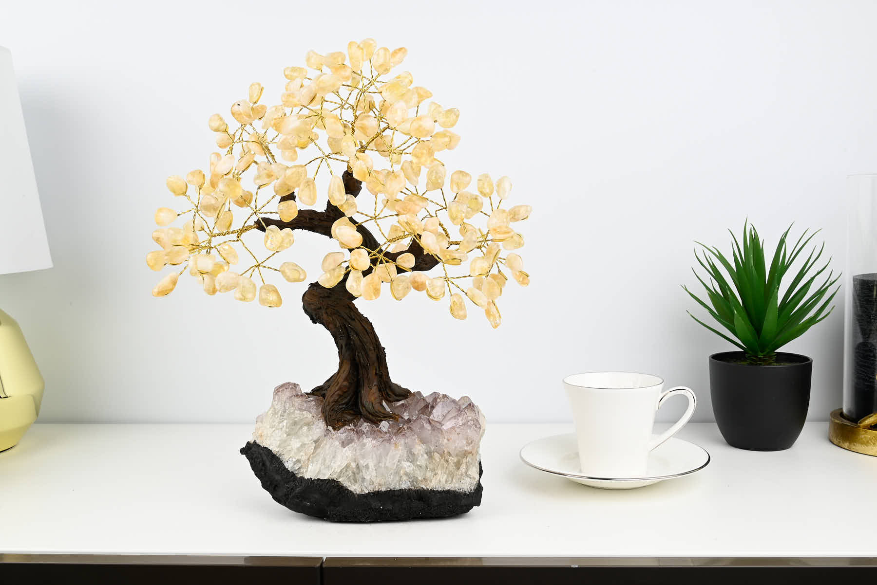 Handmade 37cm Tall Gemstone Tree with Amethyst base and 180 Citrine gems - #TRCITR-36002