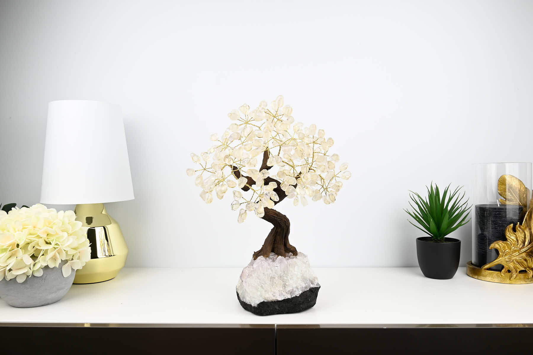 Handmade 38cm Tall Gemstone Tree with Amethyst base and 180 Clear Quartz gems - #TRCLEA-36002