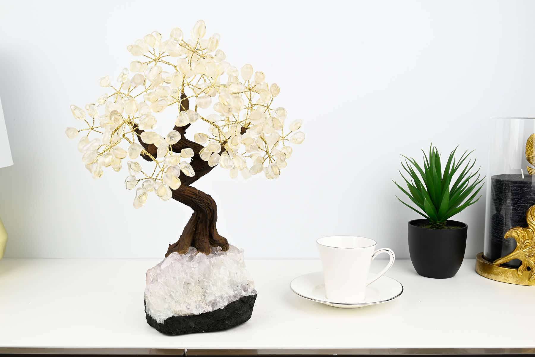 Handmade 38cm Tall Gemstone Tree with Amethyst base and 180 Clear Quartz gems - #TRCLEA-36002