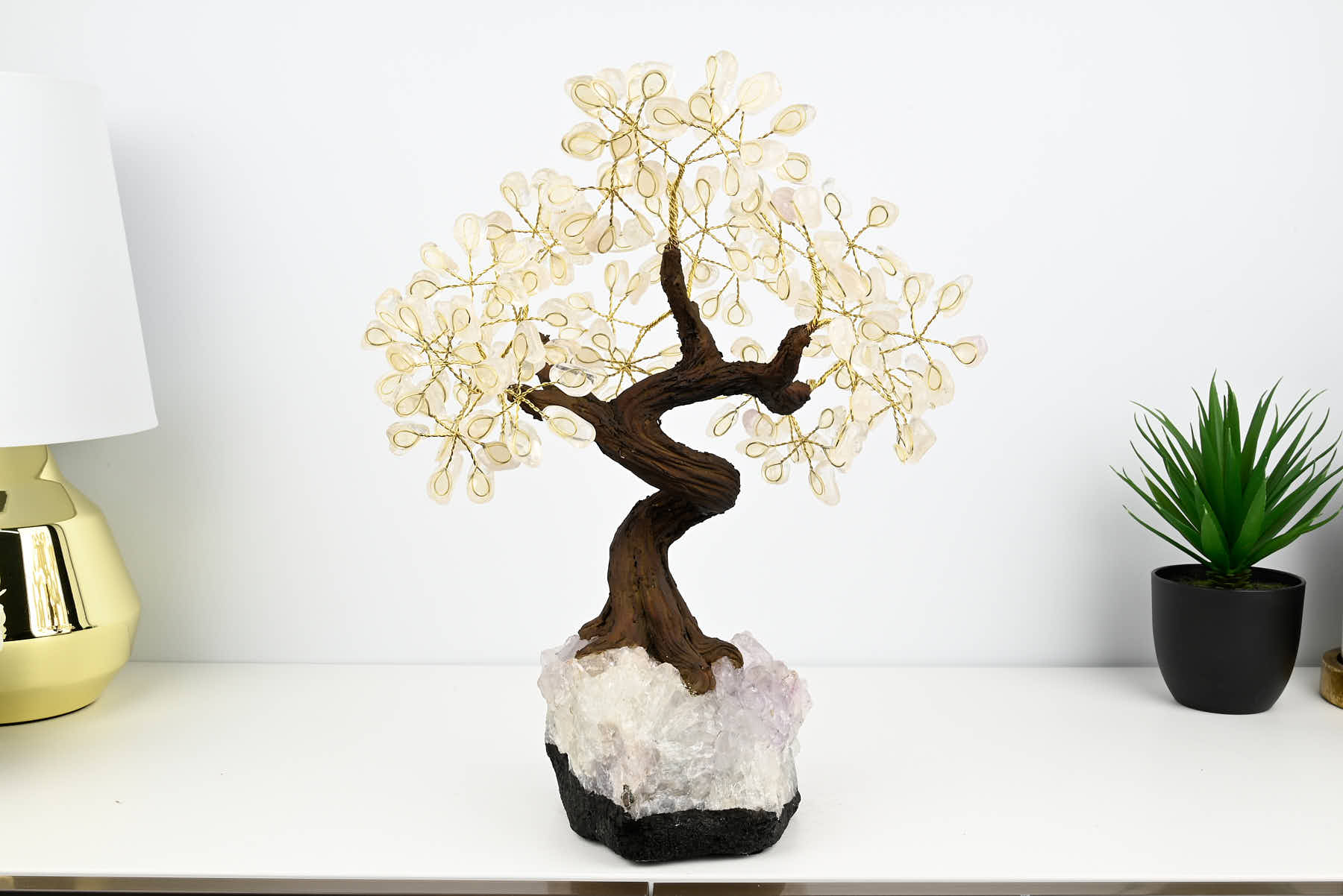 Handmade 38cm Tall Gemstone Tree with Amethyst base and 180 Clear Quartz gems - #TRCLEA-36002
