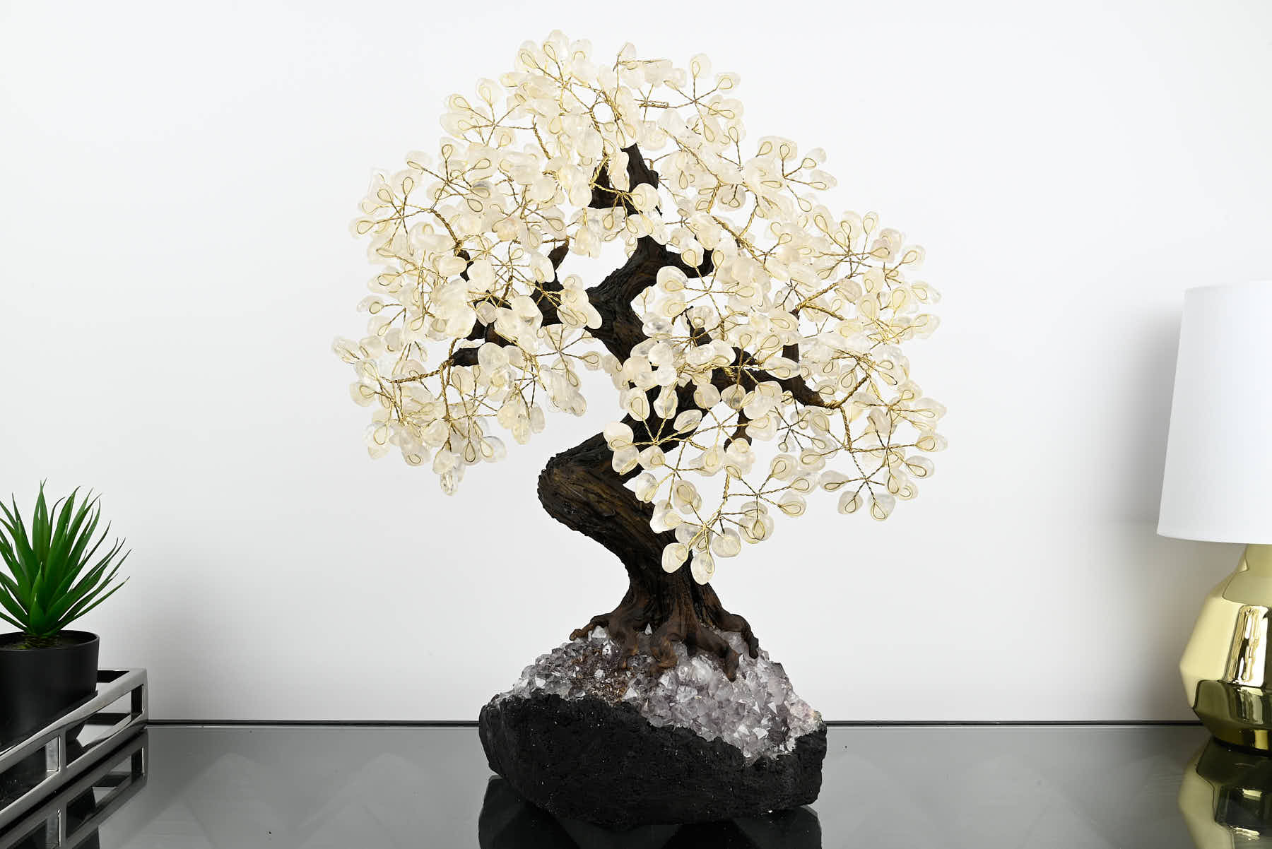 Handmade 60cm Tall Gemstone Tree with Amethyst base and 540 Clear Quartz gems - #TRCLEA-56001