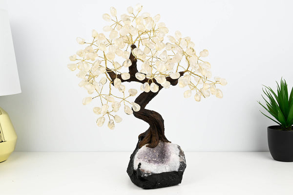 Handmade 39cm Tall Gemstone Tree with Amethyst base and 180 Clear Quartz gems - #TRCLEA-36003