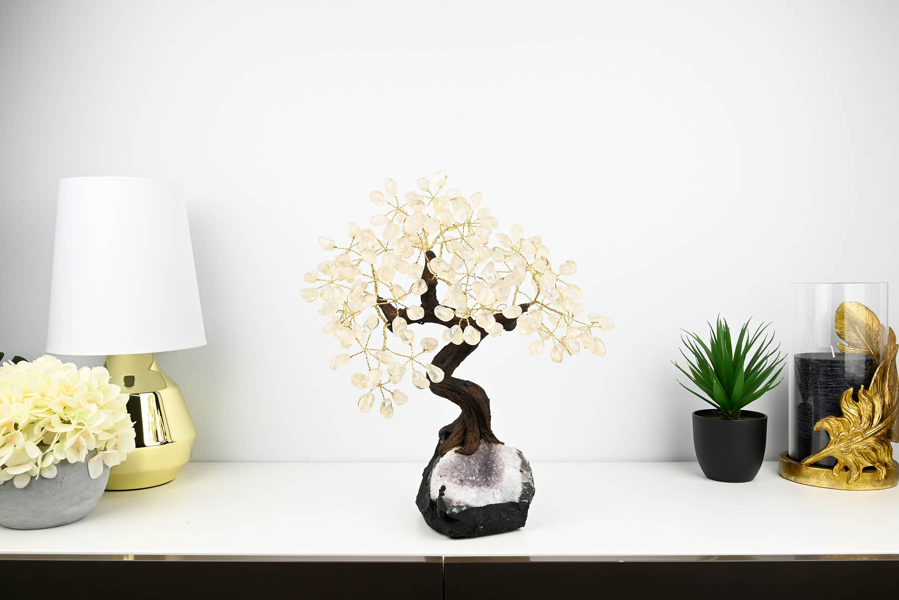 Handmade 39cm Tall Gemstone Tree with Amethyst base and 180 Clear Quartz gems - #TRCLEA-36003