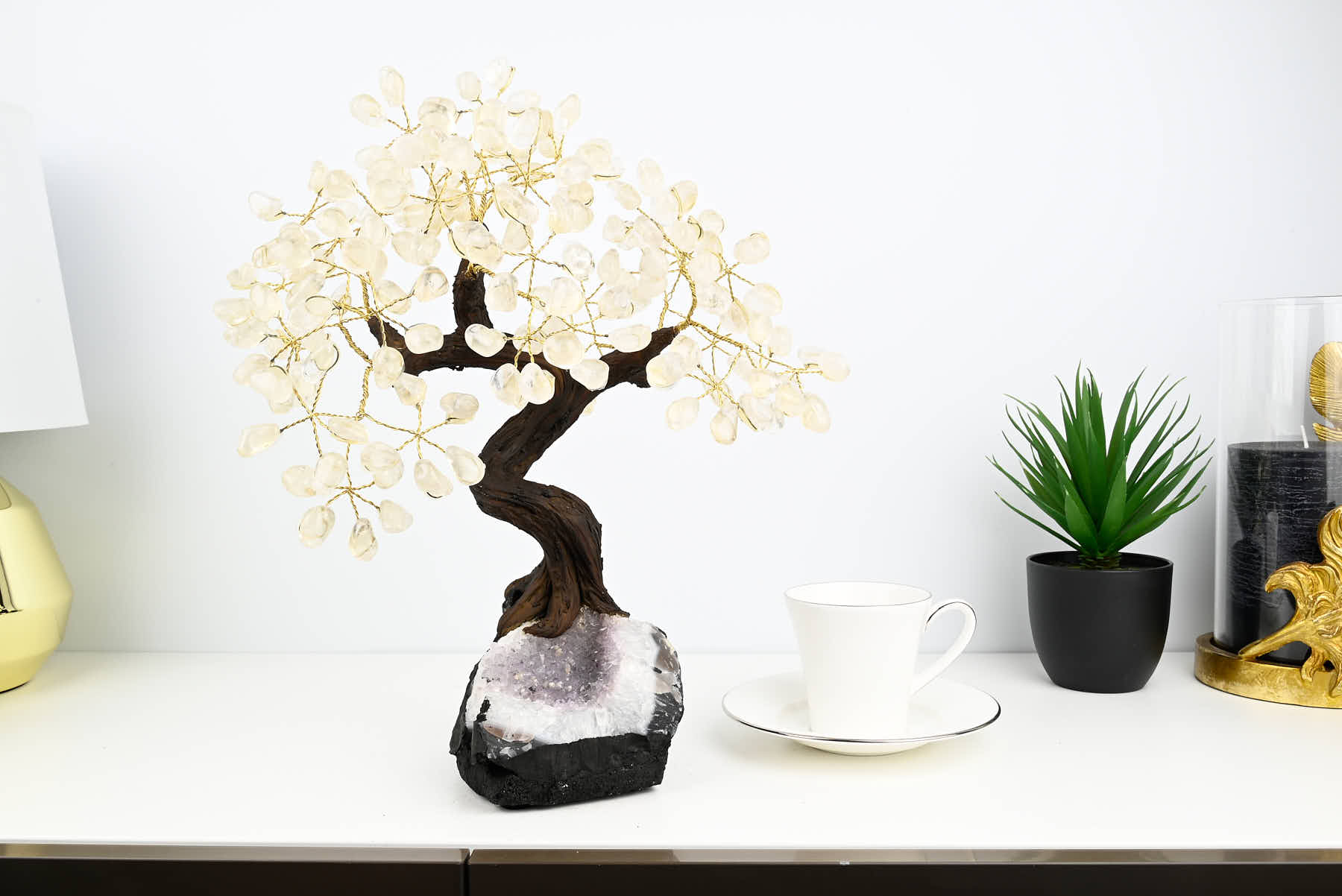 Handmade 39cm Tall Gemstone Tree with Amethyst base and 180 Clear Quartz gems - #TRCLEA-36003