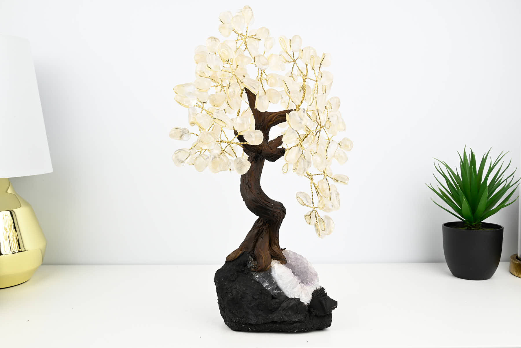 Handmade 39cm Tall Gemstone Tree with Amethyst base and 180 Clear Quartz gems - #TRCLEA-36003