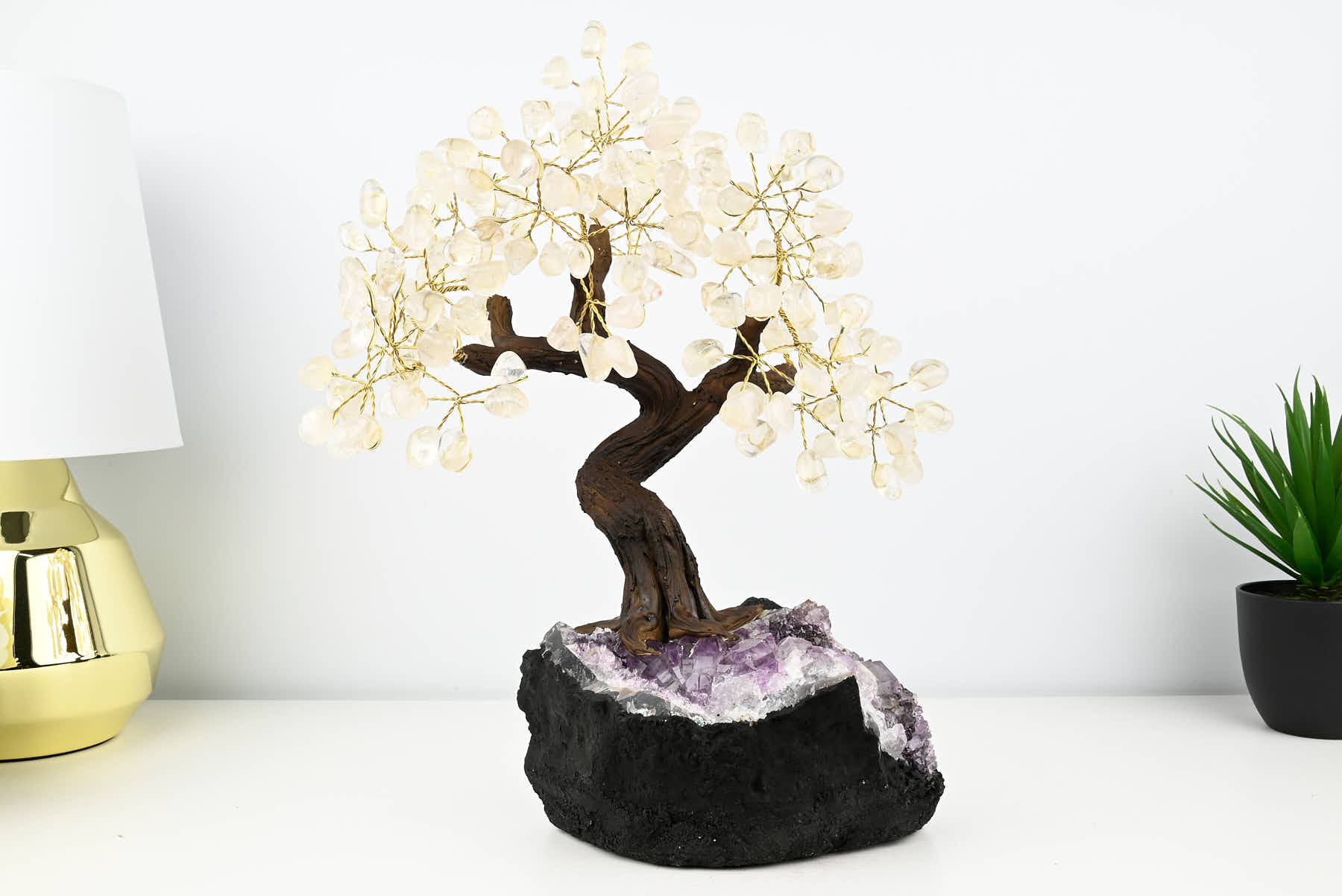 Handmade 39cm Tall Gemstone Tree with Amethyst base and 180 Clear Quartz gems - #TRCLEA-36004