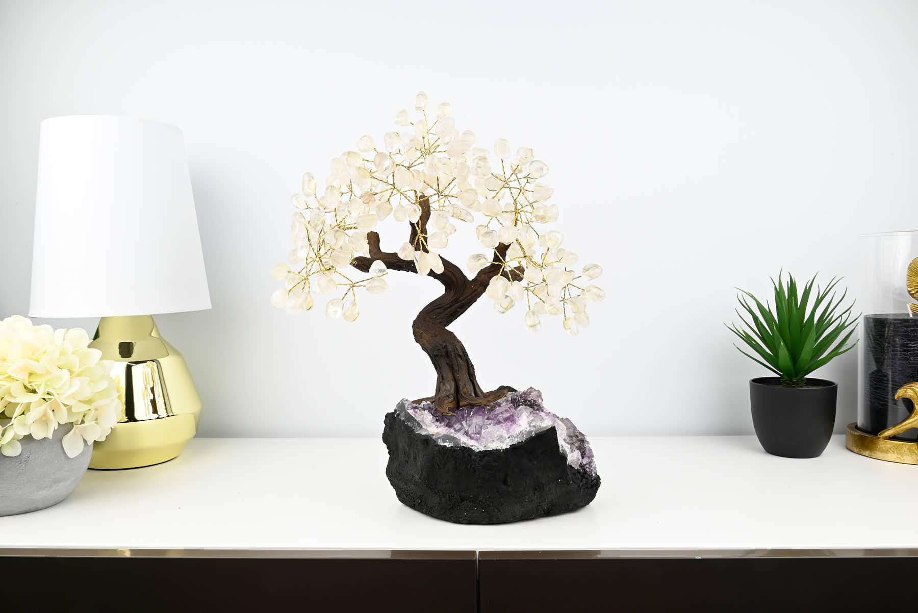 Handmade 39cm Tall Gemstone Tree with Amethyst base and 180 Clear Quartz gems - #TRCLEA-36004