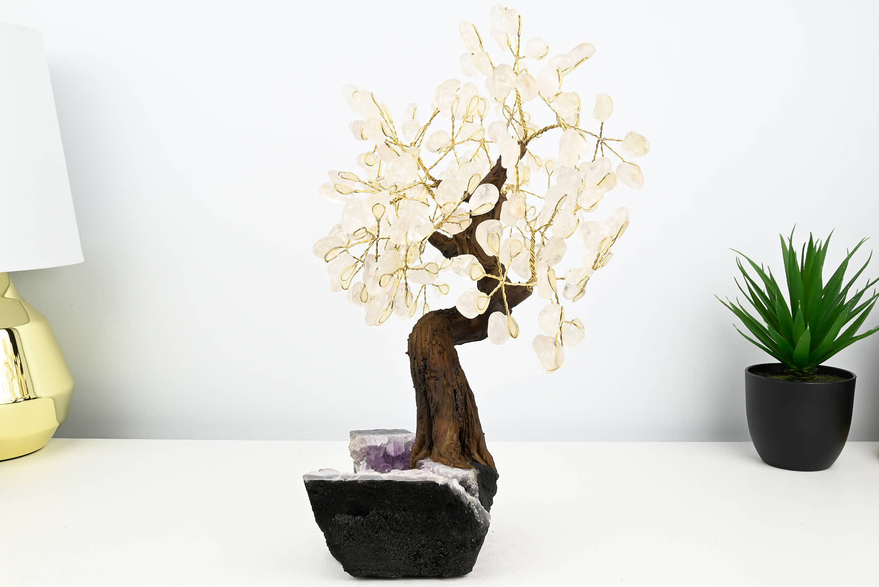 Handmade 38cm Tall Gemstone Tree with Amethyst base and 180 Clear Quartz gems - #TRCLEA-36001
