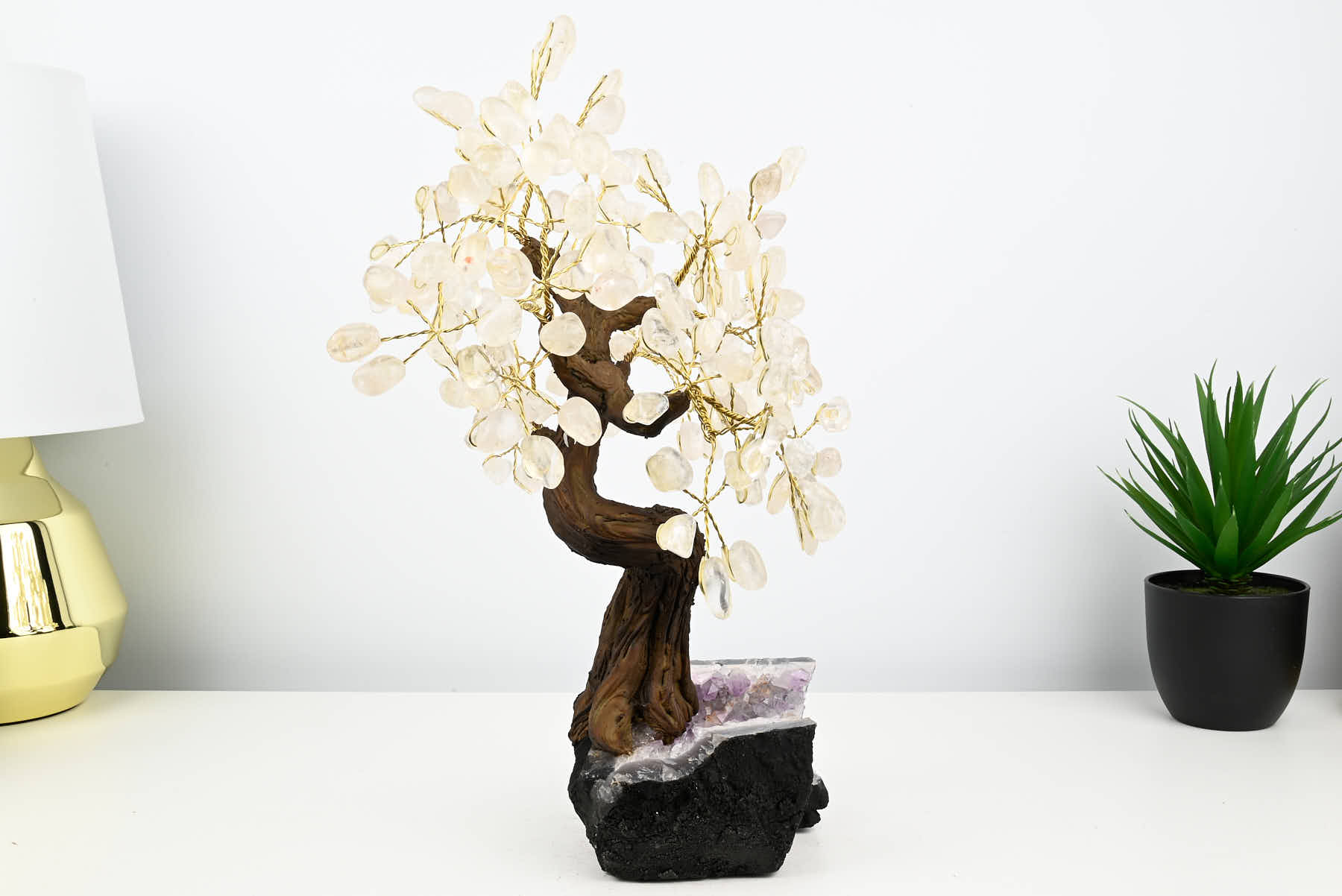 Handmade 38cm Tall Gemstone Tree with Amethyst base and 180 Clear Quartz gems - #TRCLEA-36001