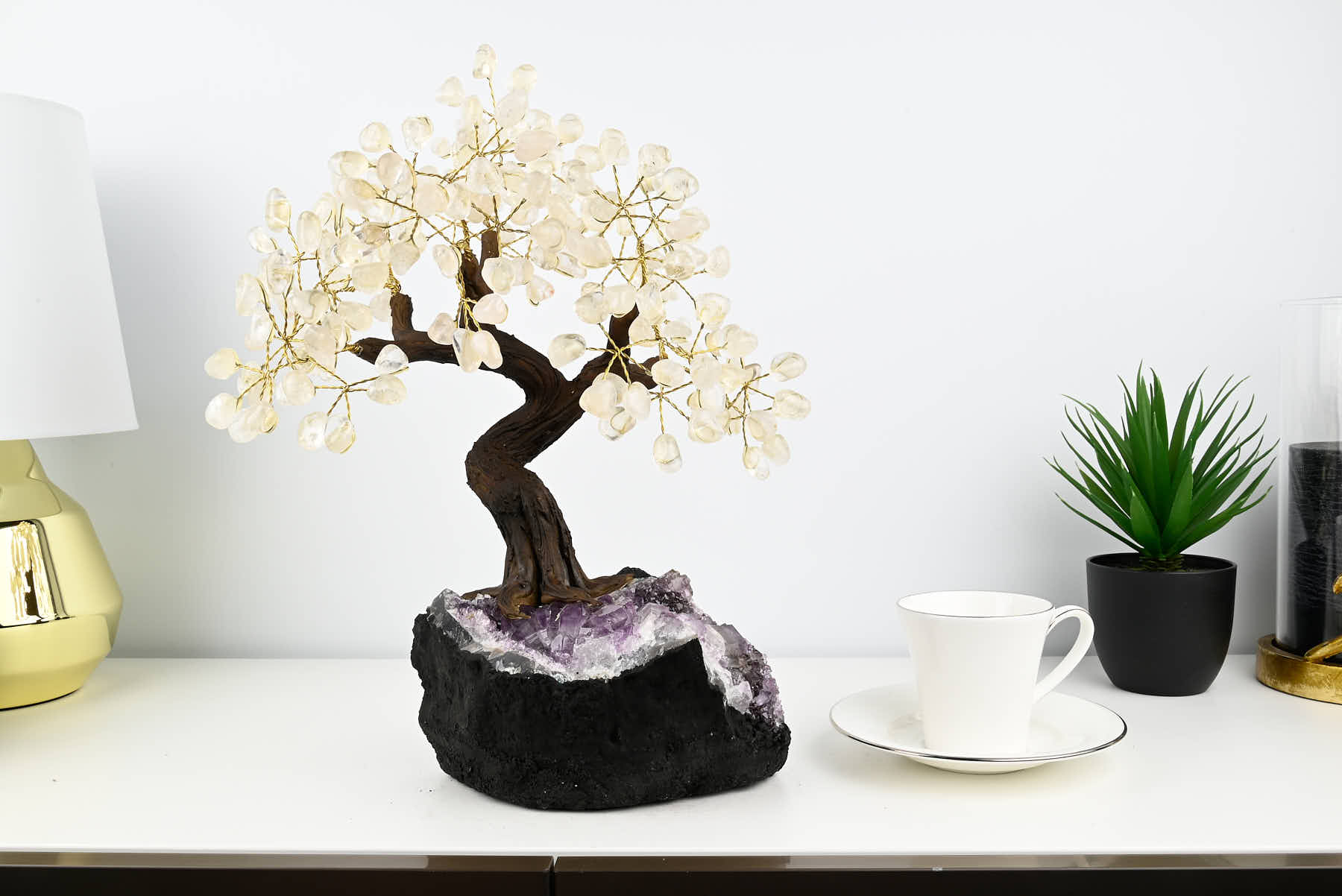 Handmade 39cm Tall Gemstone Tree with Amethyst base and 180 Clear Quartz gems - #TRCLEA-36004