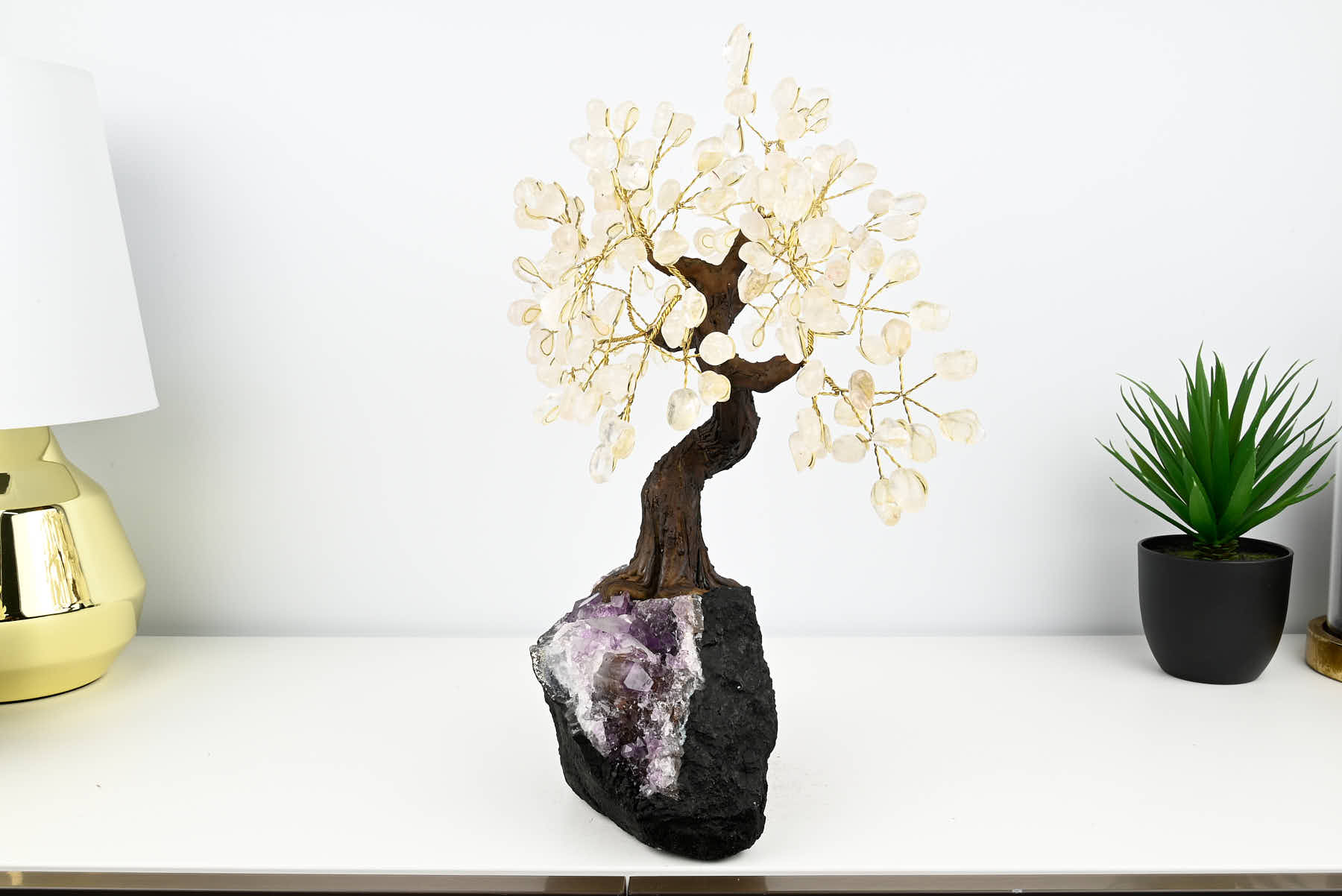 Handmade 39cm Tall Gemstone Tree with Amethyst base and 180 Clear Quartz gems - #TRCLEA-36004