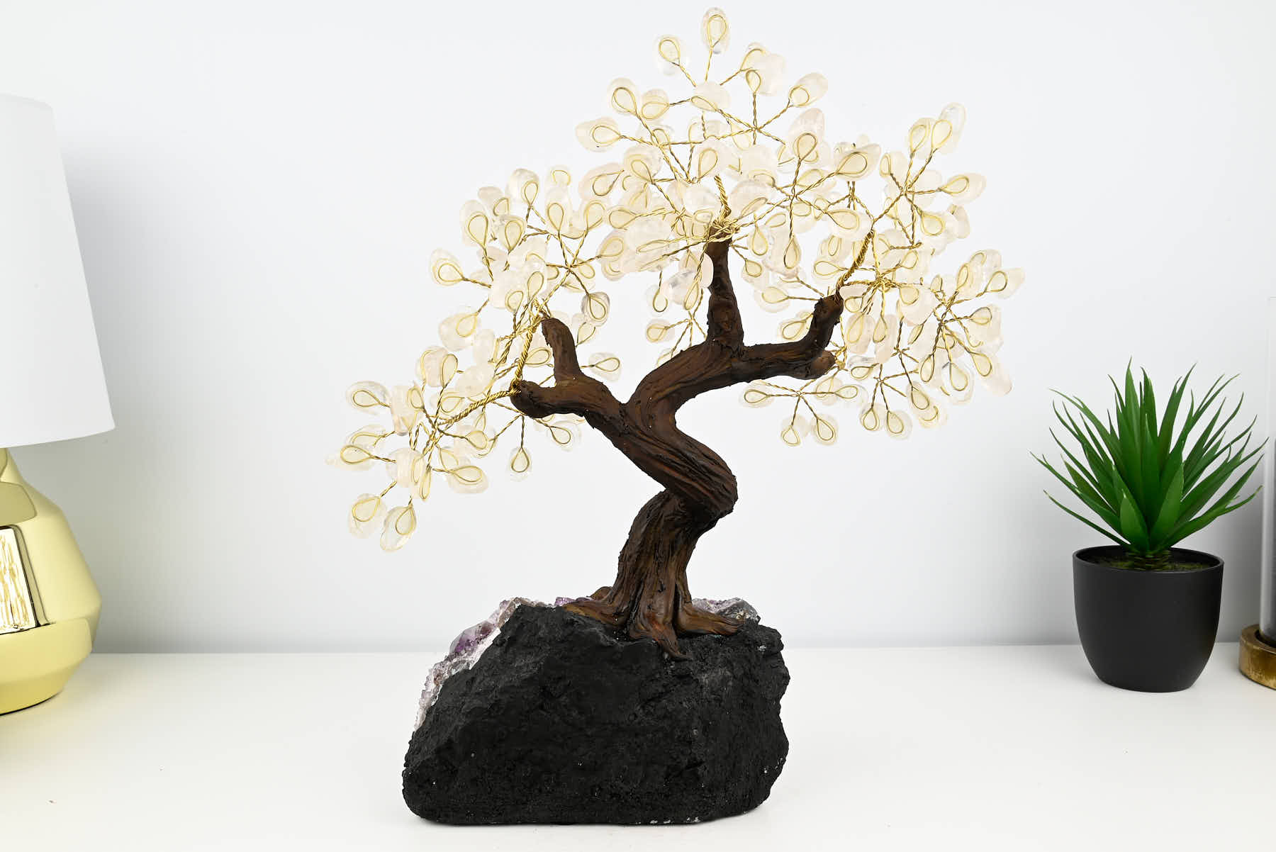 Handmade 39cm Tall Gemstone Tree with Amethyst base and 180 Clear Quartz gems - #TRCLEA-36004