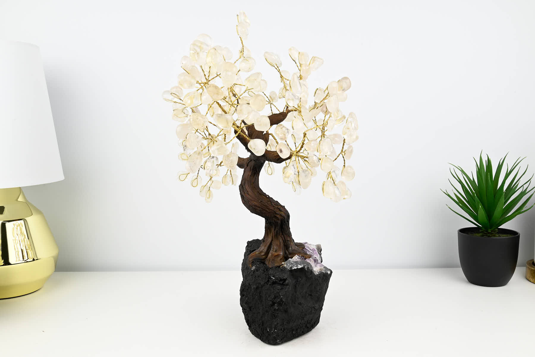 Handmade 39cm Tall Gemstone Tree with Amethyst base and 180 Clear Quartz gems - #TRCLEA-36004