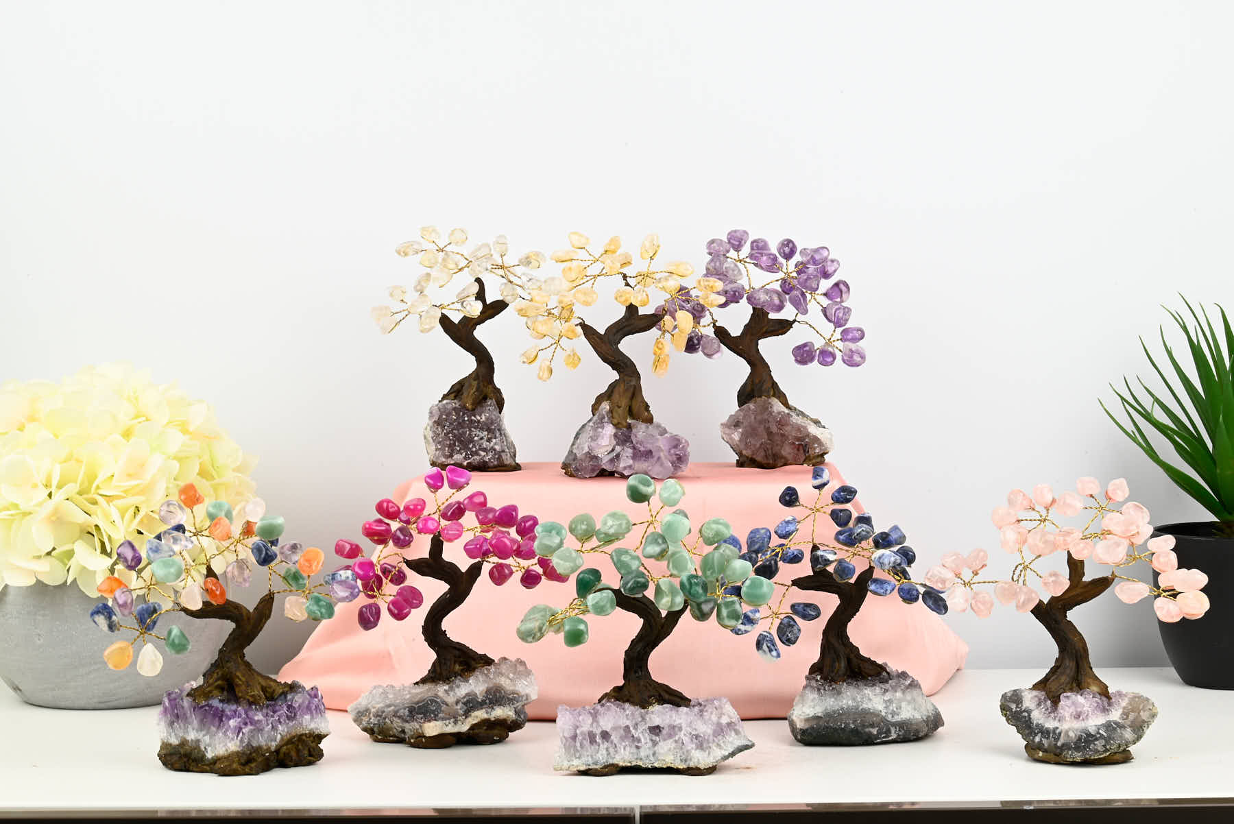 Handmade 13cm Tall Gemstone Tree with Amethyst base and 35 gems