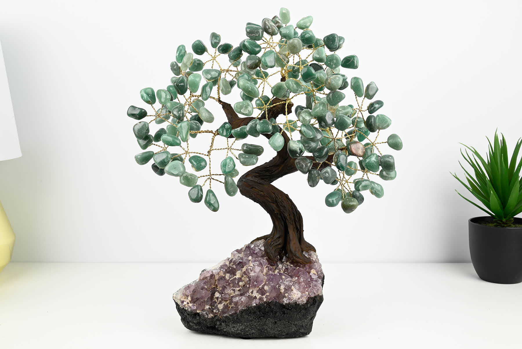 Handmade 37cm Tall Gemstone Tree with Amethyst base and 180 Green Quartz gems - #TRGREE-36002