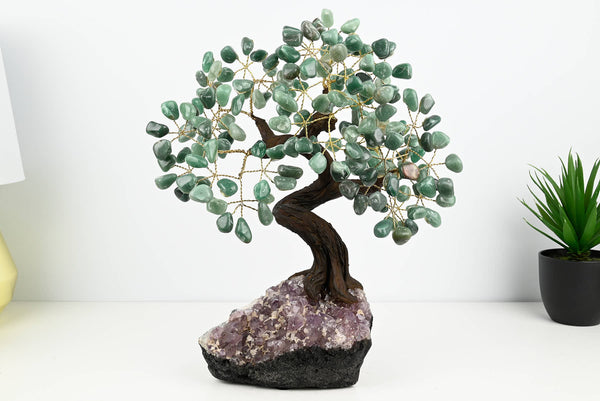 Handmade 37cm Tall Gemstone Tree with Amethyst base and 180 Green Quartz gems - #TRGREE-36002