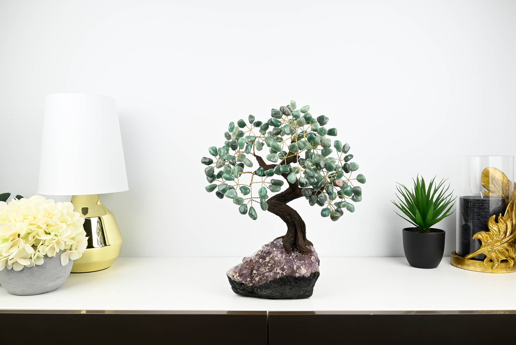 Handmade 37cm Tall Gemstone Tree with Amethyst base and 180 Green Quartz gems - #TRGREE-36002