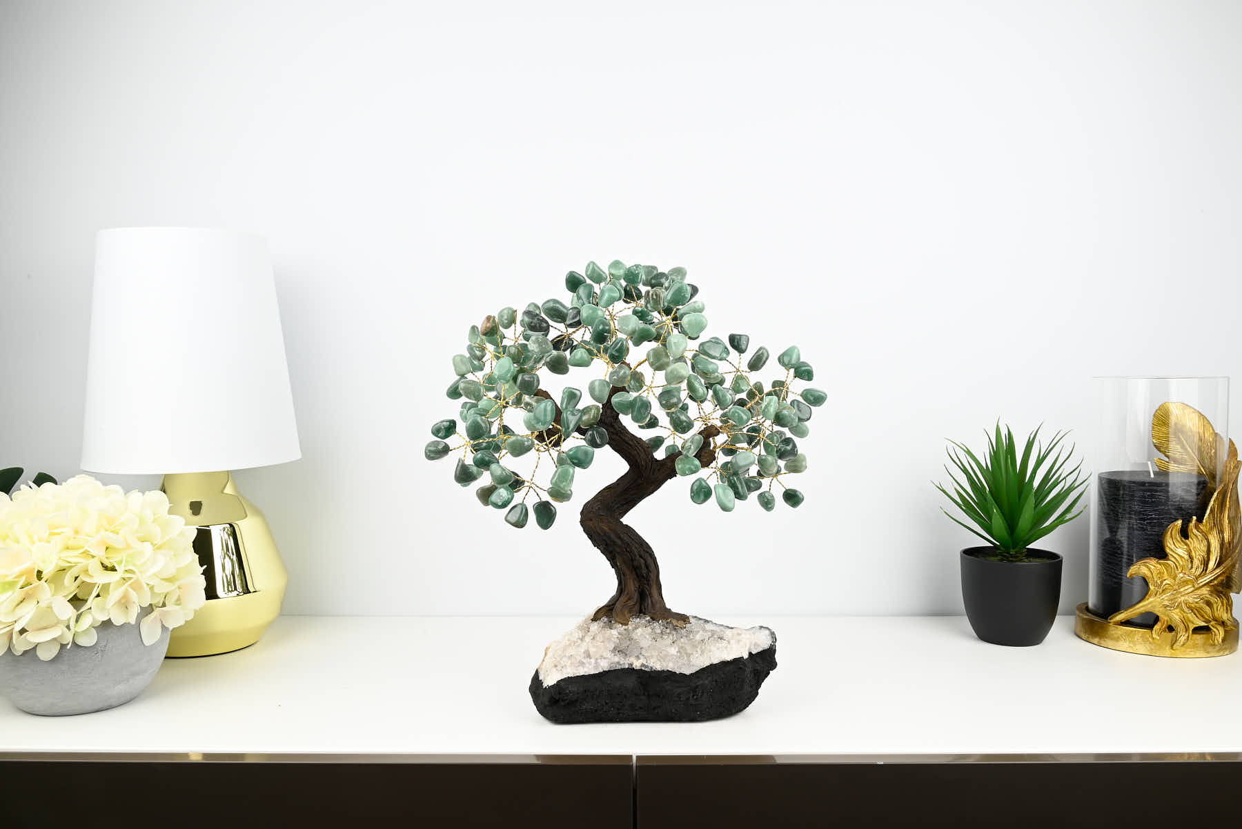 Handmade 36cm Tall Gemstone Tree with Amethyst base and 180 Green Quartz gems - #TRGREE-36003