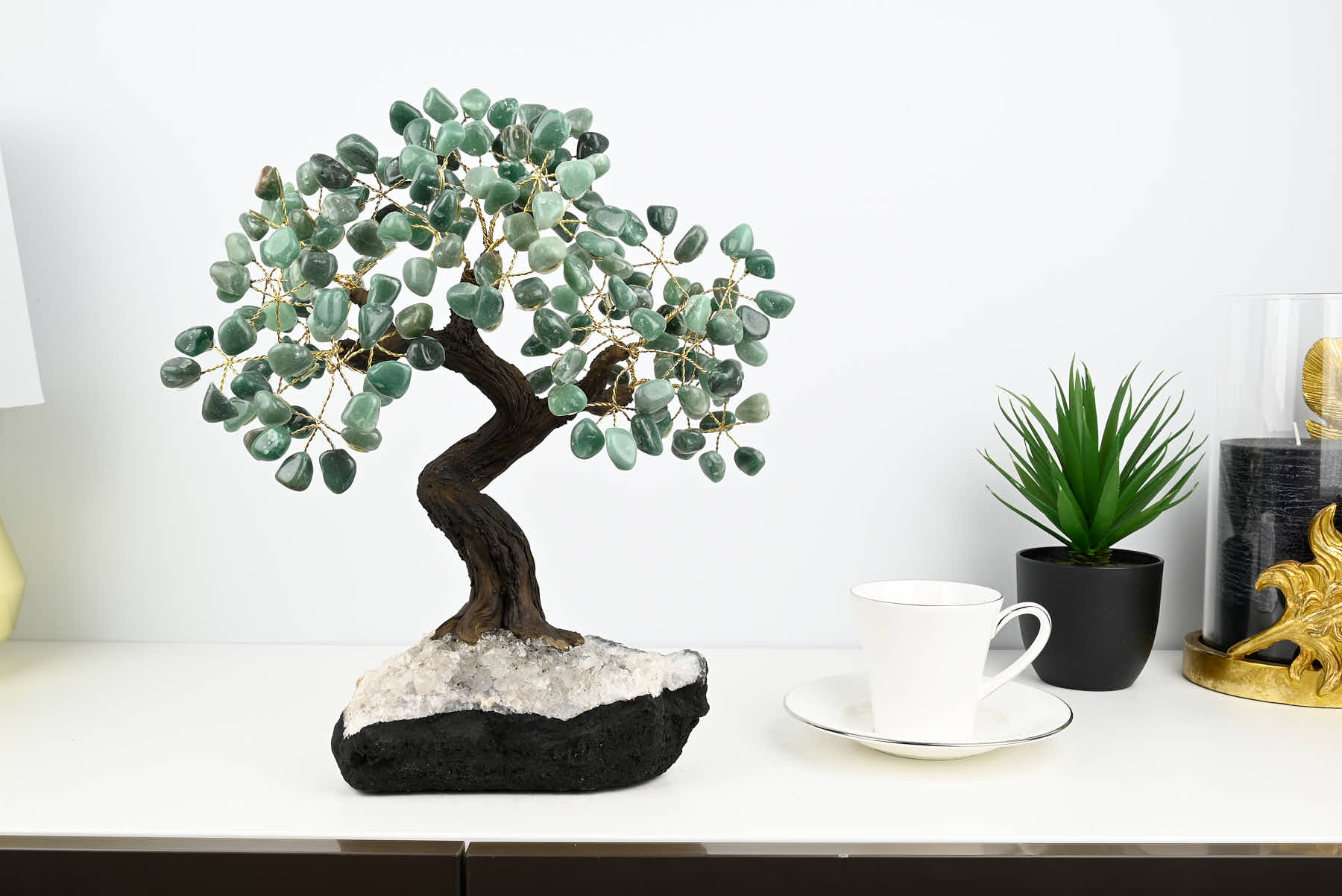Handmade 36cm Tall Gemstone Tree with Amethyst base and 180 Green Quartz gems - #TRGREE-36003