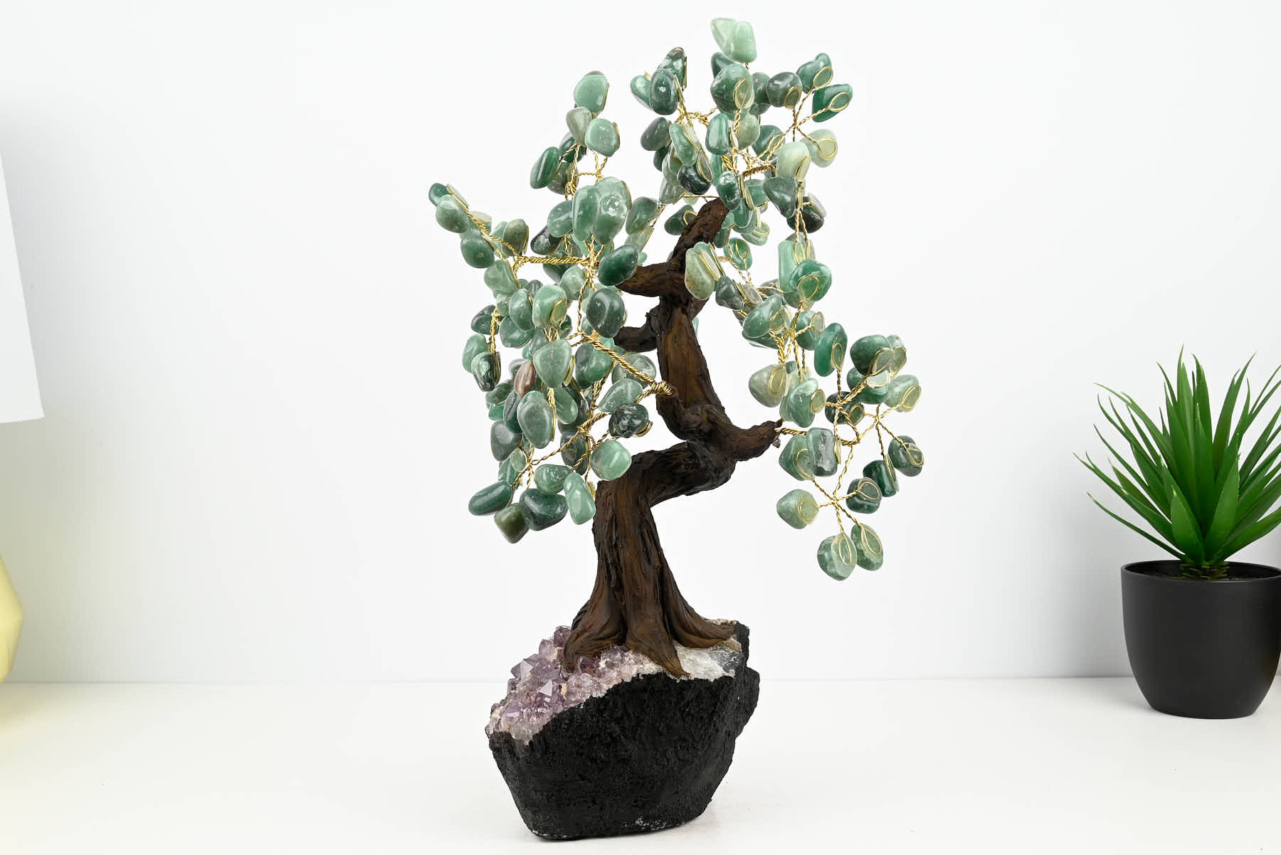 Handmade 37cm Tall Gemstone Tree with Amethyst base and 180 Green Quartz gems - #TRGREE-36002