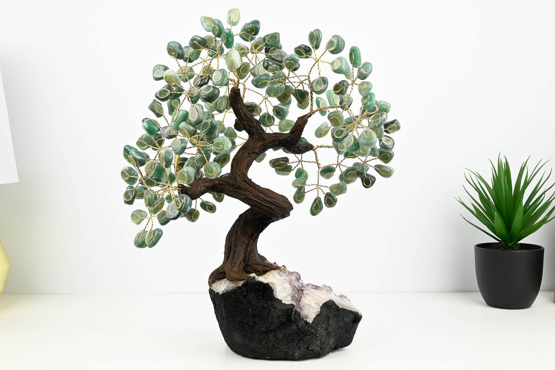 Handmade 37cm Tall Gemstone Tree with Amethyst base and 180 Green Quartz gems - #TRGREE-36002