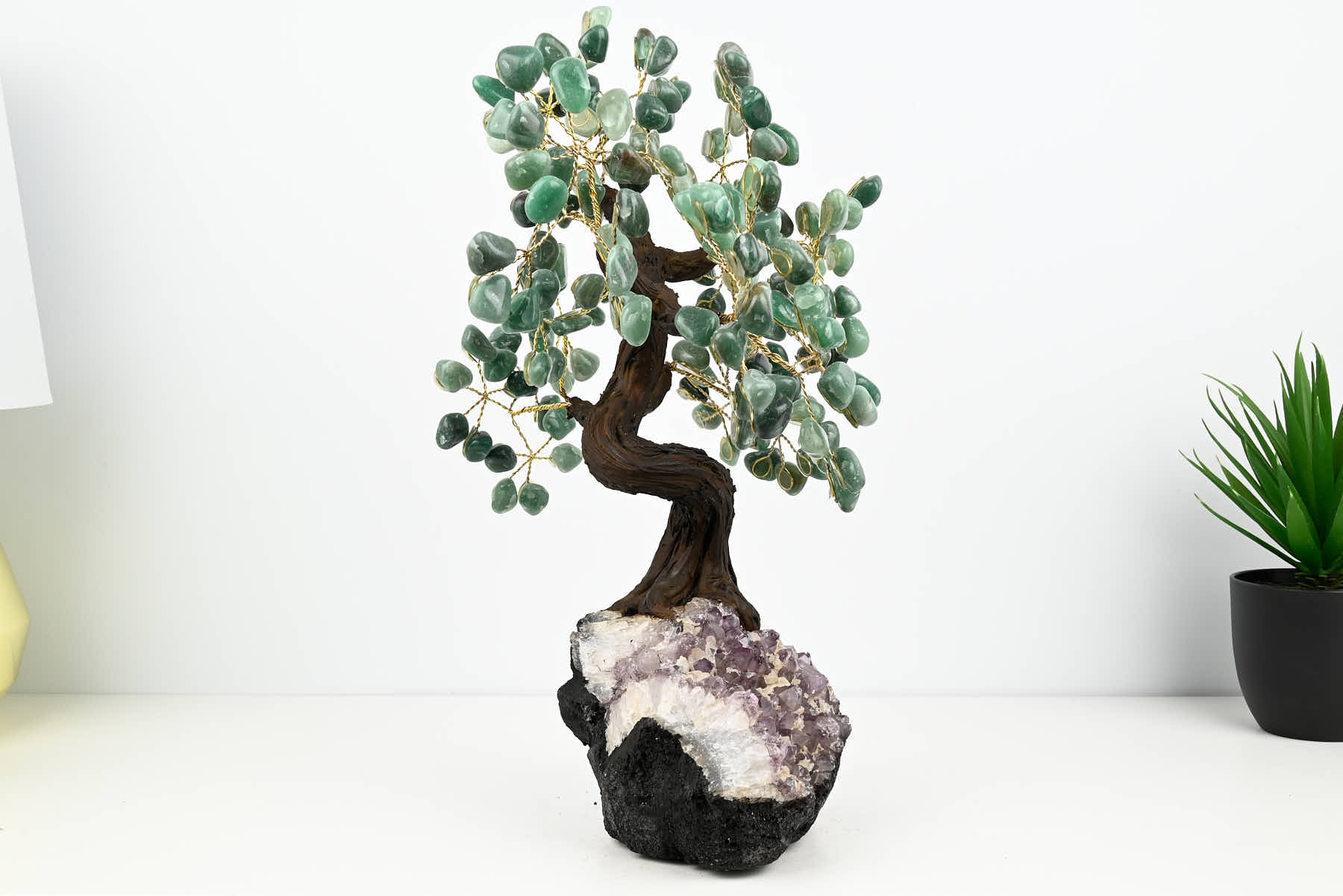 Handmade 37cm Tall Gemstone Tree with Amethyst base and 180 Green Quartz gems - #TRGREE-36002