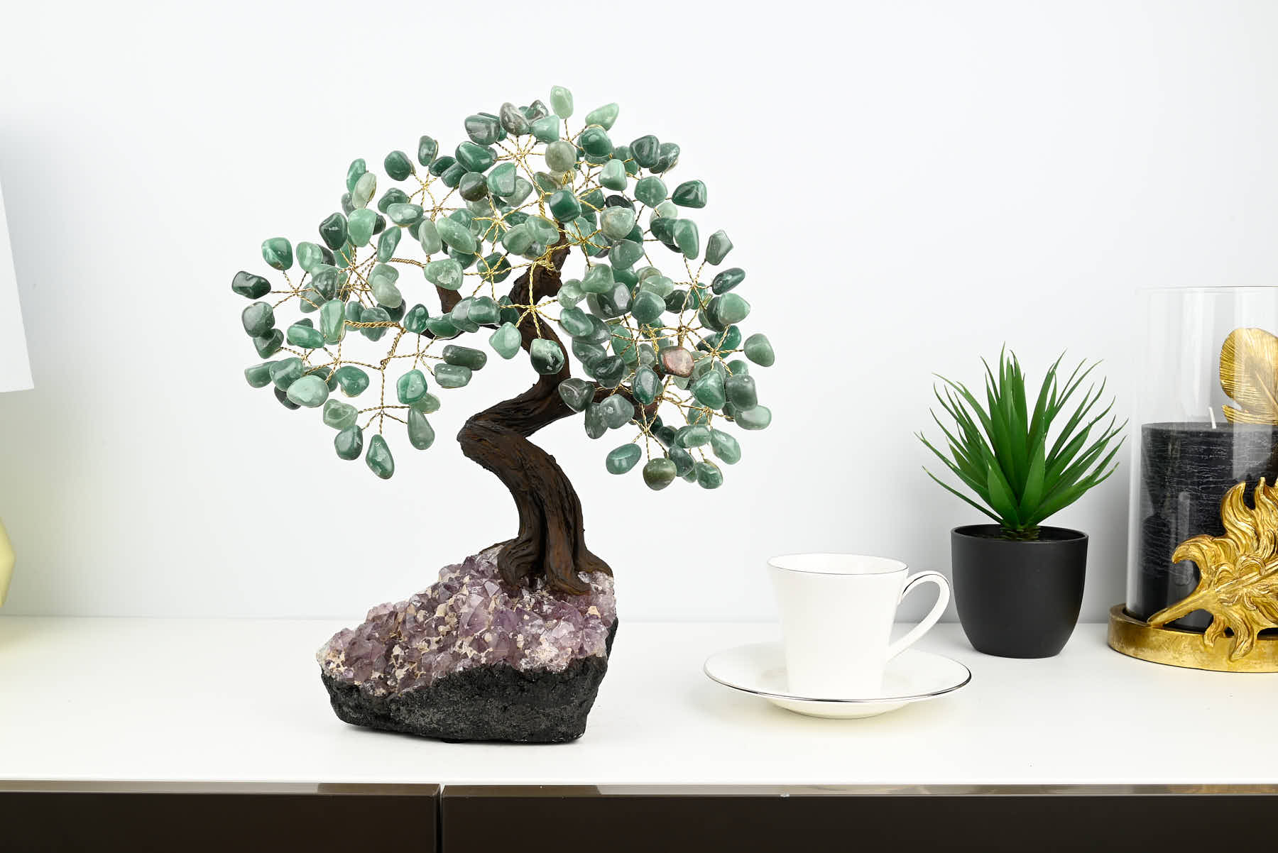 Handmade 37cm Tall Gemstone Tree with Amethyst base and 180 Green Quartz gems - #TRGREE-36002