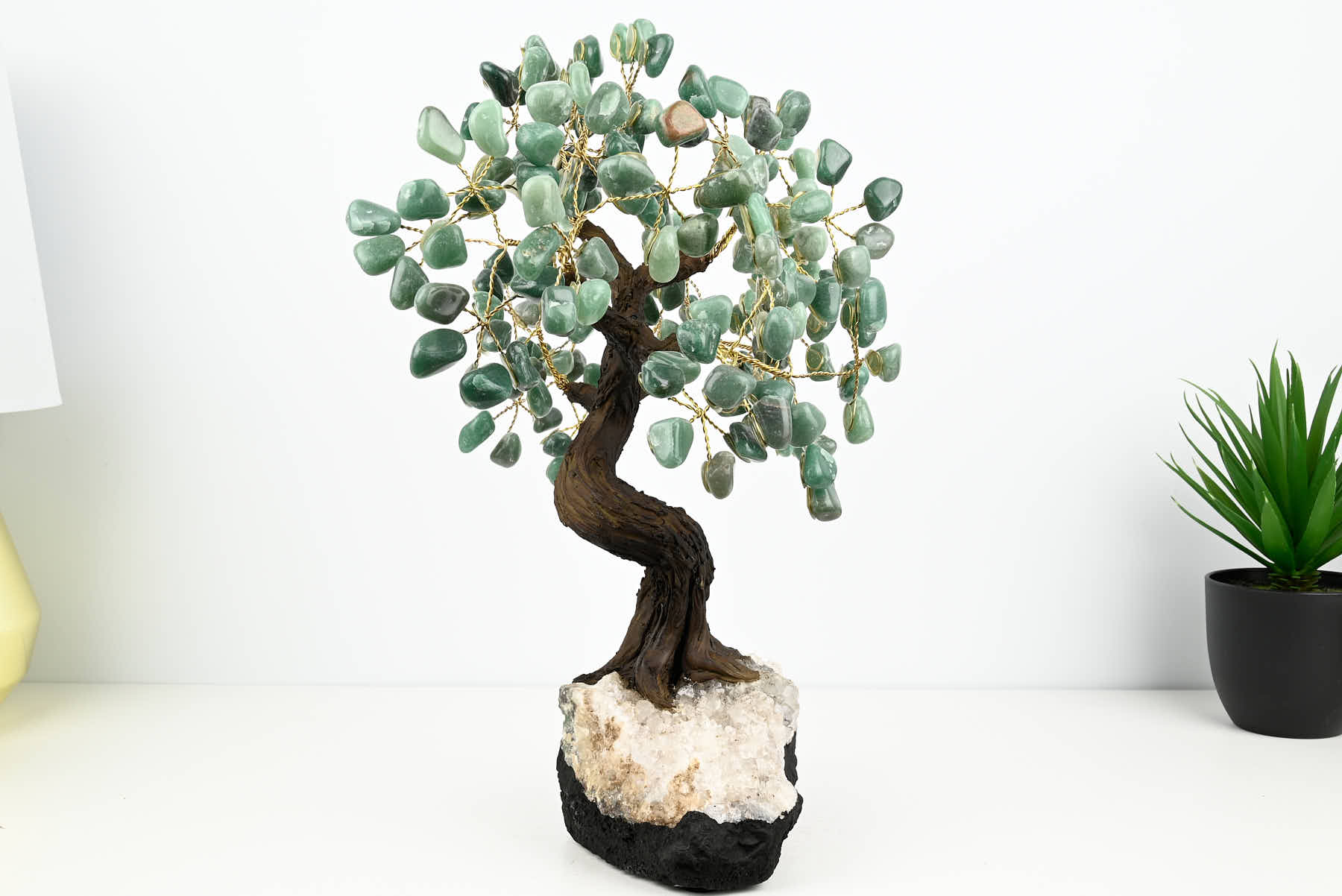Handmade 36cm Tall Gemstone Tree with Amethyst base and 180 Green Quartz gems - #TRGREE-36003
