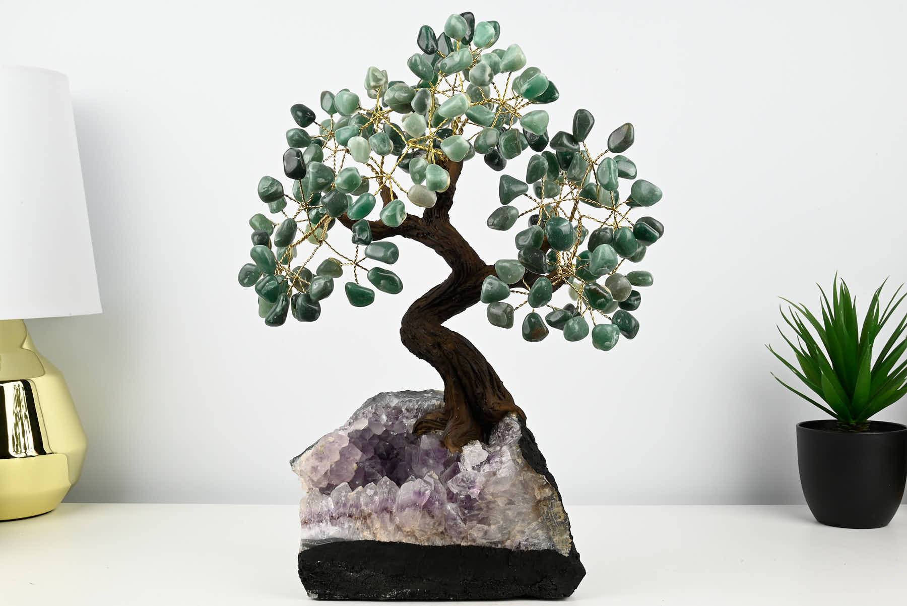 Handmade 40cm Tall Gemstone Tree with Amethyst base and 180 Green Quartz gems - #TRGREE-36001