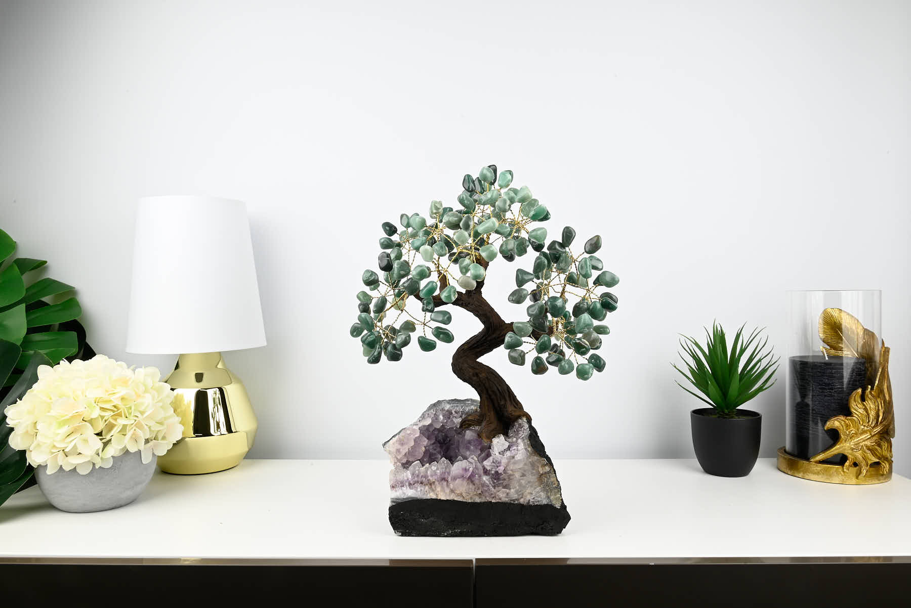 Handmade 40cm Tall Gemstone Tree with Amethyst base and 180 Green Quartz gems - #TRGREE-36001