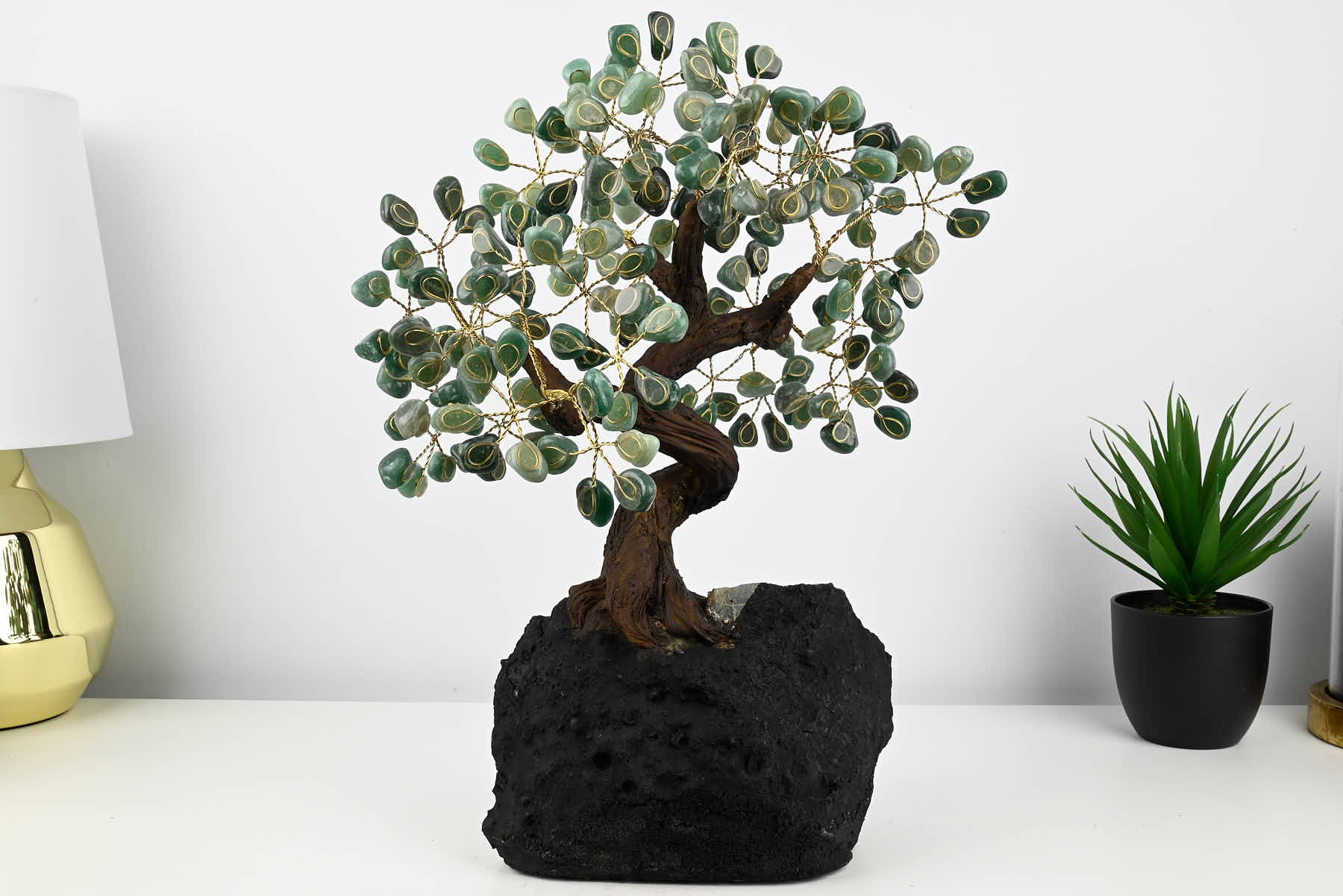 Handmade 40cm Tall Gemstone Tree with Amethyst base and 180 Green Quartz gems - #TRGREE-36001