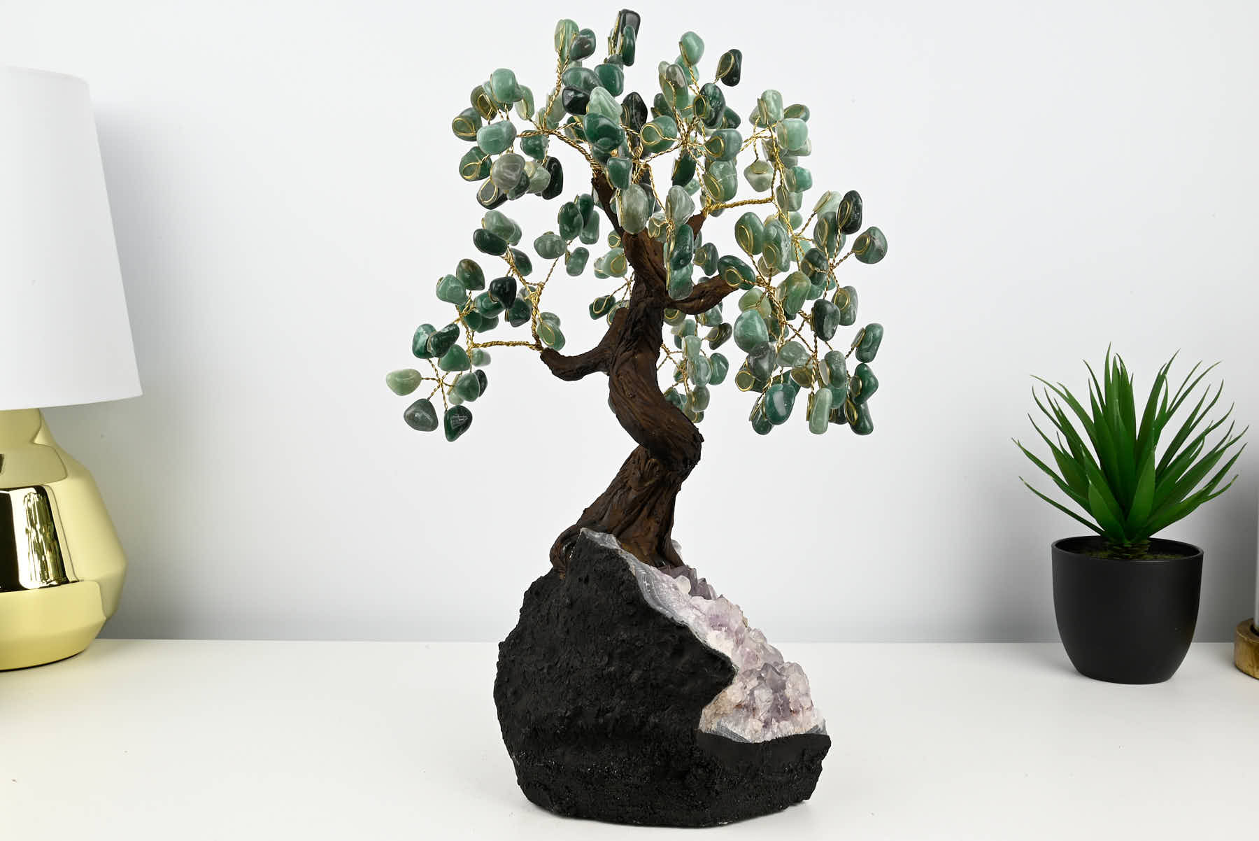 Handmade 40cm Tall Gemstone Tree with Amethyst base and 180 Green Quartz gems - #TRGREE-36001