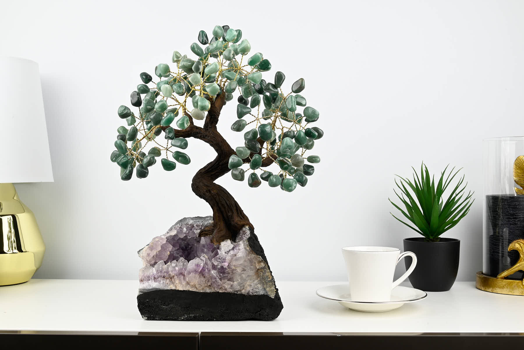 Handmade 40cm Tall Gemstone Tree with Amethyst base and 180 Green Quartz gems - #TRGREE-36001