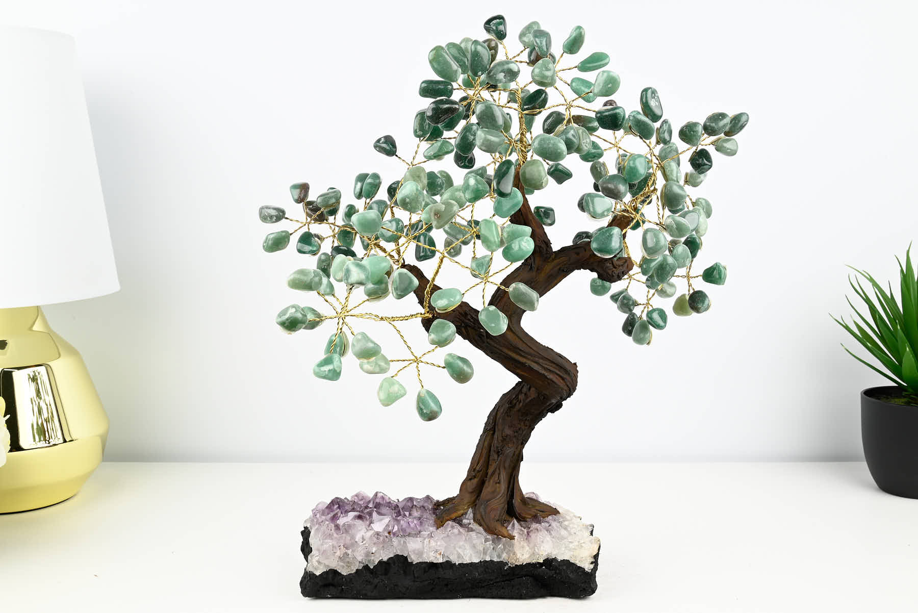 Handmade 38cm Tall Gemstone Tree with Amethyst base and 180 Green Quartz gems - #TRGREE-36004